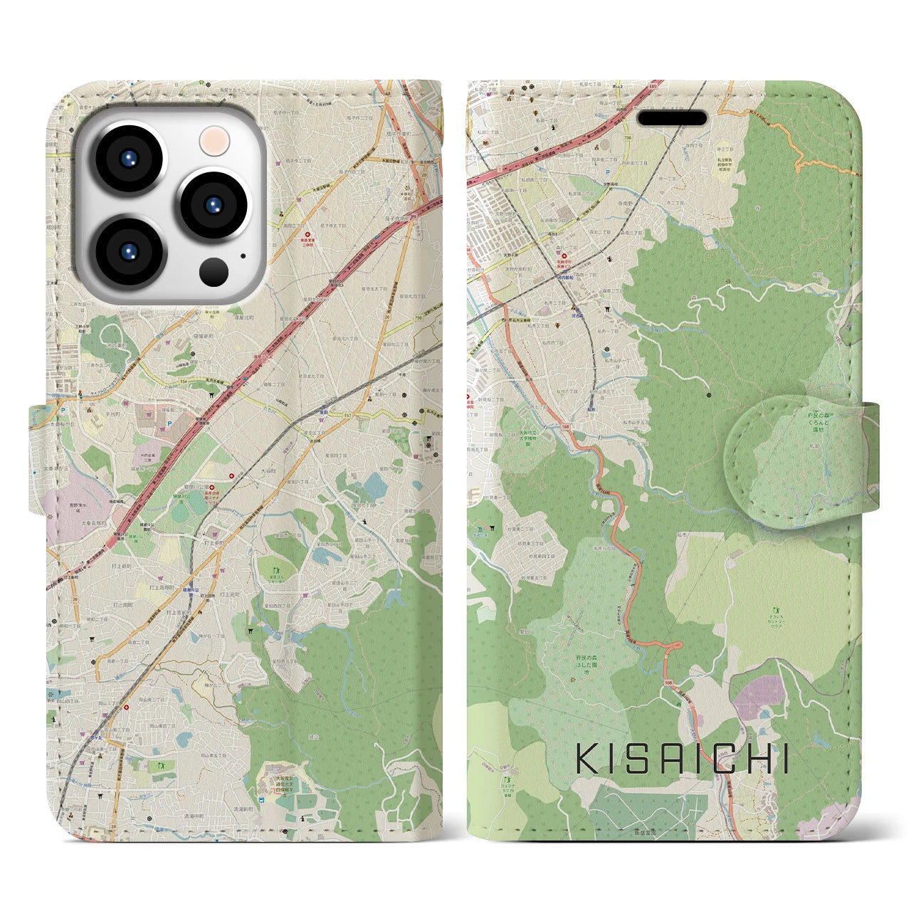 【私市】地図柄iPhoneケース（手帳両面タイプ・ナチュラル）iPhone 13 Pro 用