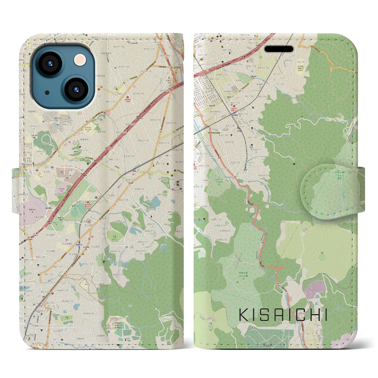 【私市】地図柄iPhoneケース（手帳両面タイプ・ナチュラル）iPhone 13 用