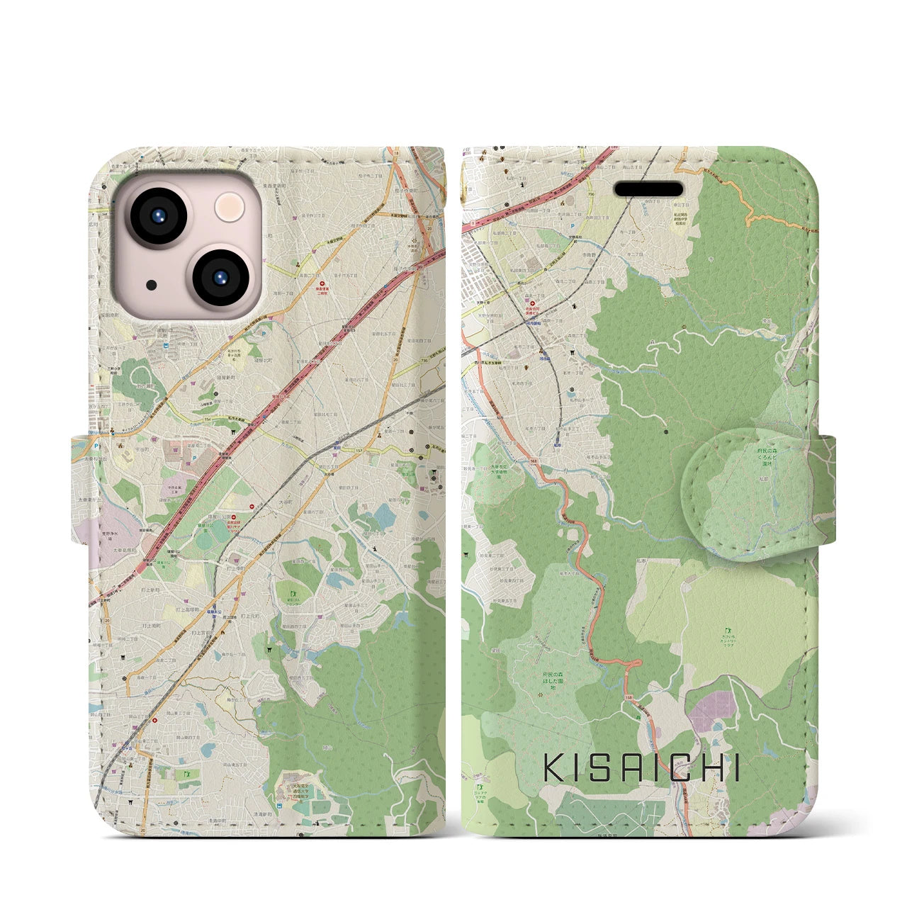 【私市】地図柄iPhoneケース（手帳両面タイプ・ナチュラル）iPhone 13 mini 用