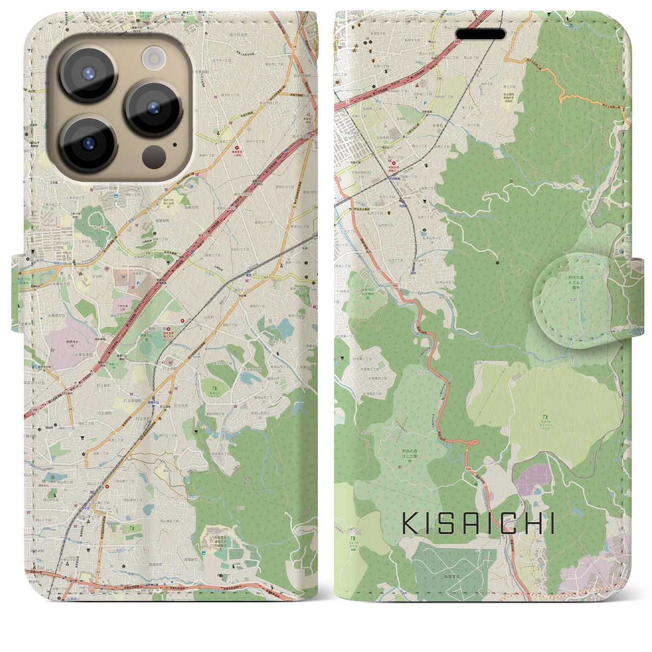 【私市】地図柄iPhoneケース（手帳両面タイプ・ナチュラル）iPhone 14 Pro Max 用