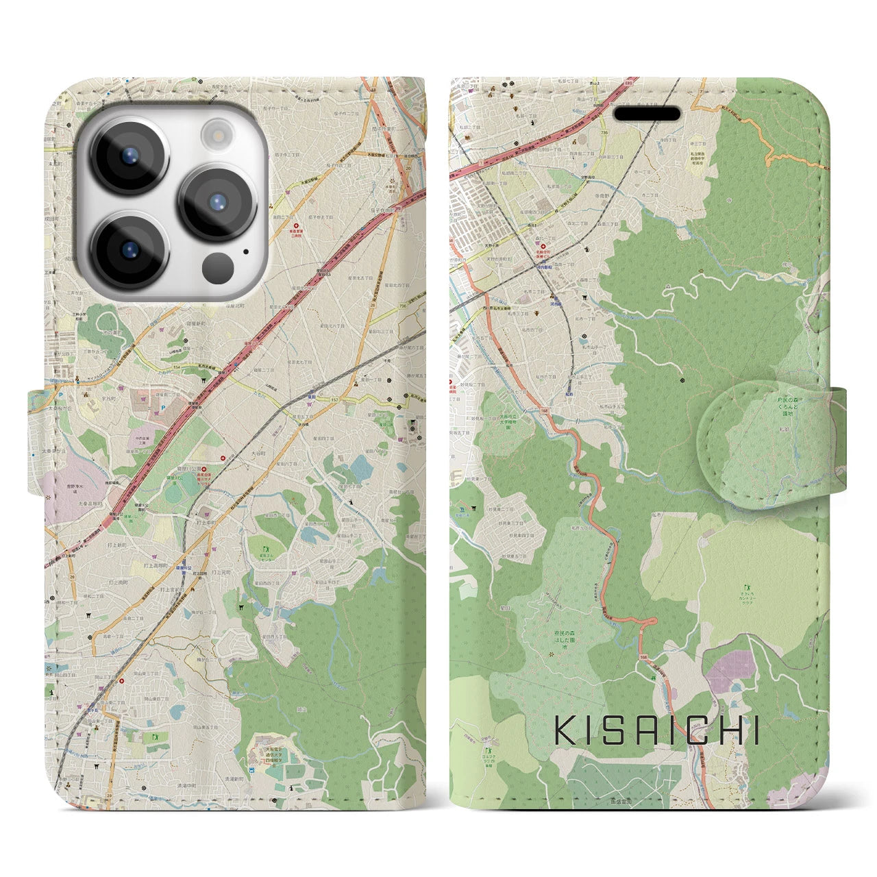 【私市】地図柄iPhoneケース（手帳両面タイプ・ナチュラル）iPhone 14 Pro 用