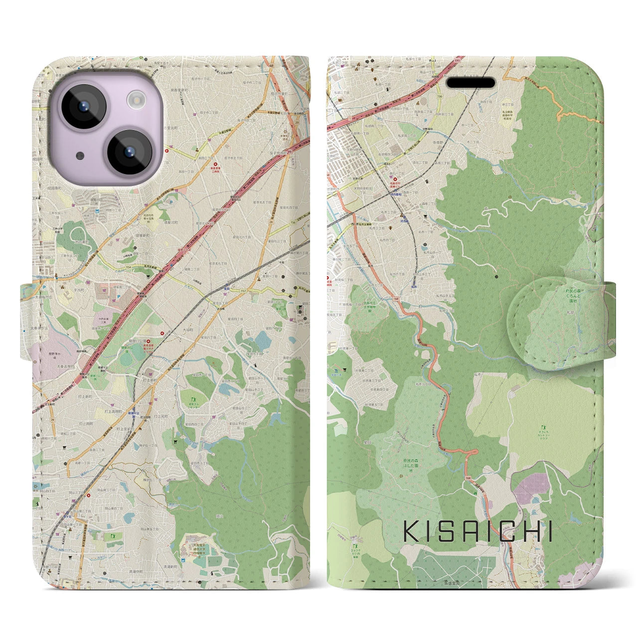 【私市】地図柄iPhoneケース（手帳両面タイプ・ナチュラル）iPhone 14 用
