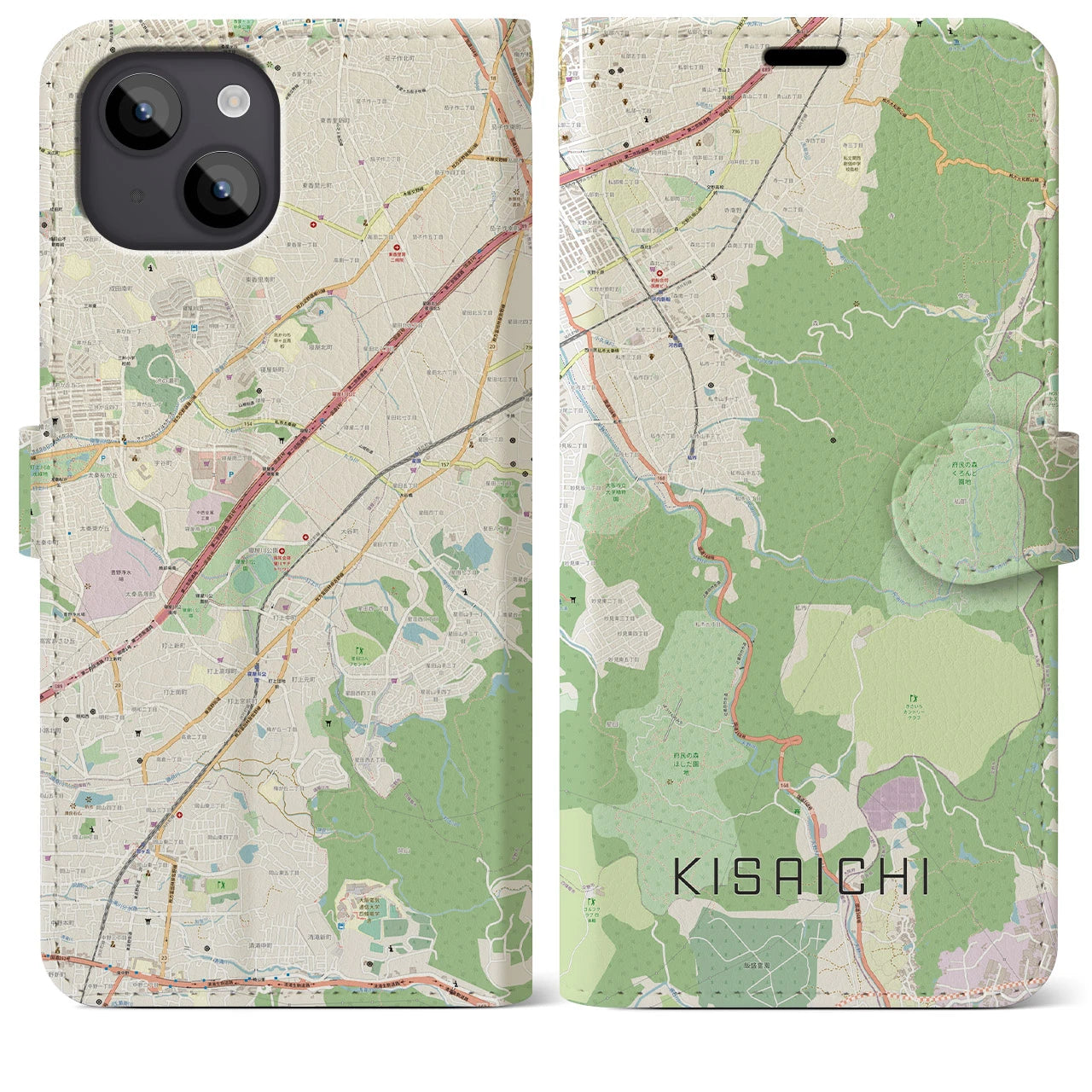 【私市】地図柄iPhoneケース（手帳両面タイプ・ナチュラル）iPhone 14 Plus 用
