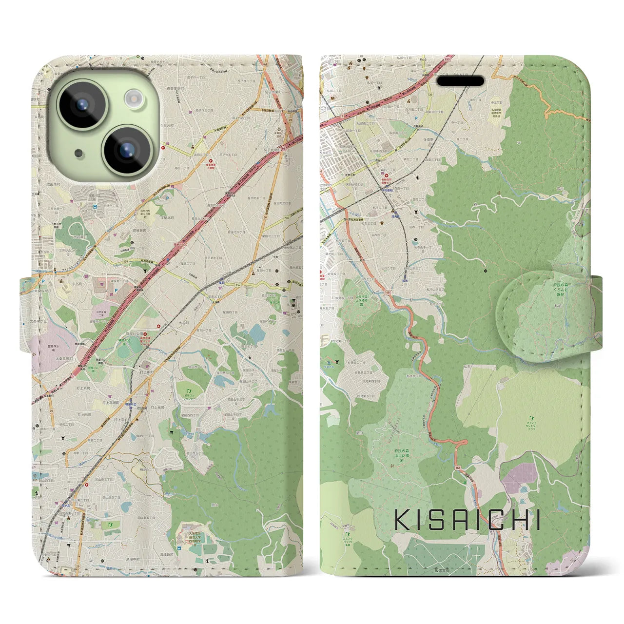 【私市】地図柄iPhoneケース（手帳両面タイプ・ナチュラル）iPhone 15 用
