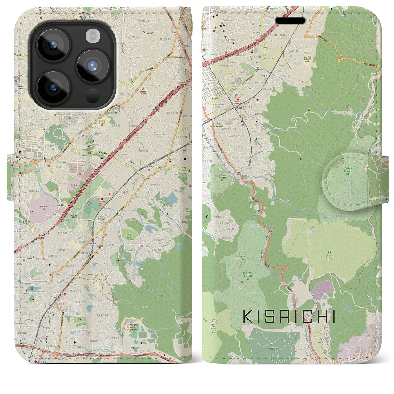 【私市】地図柄iPhoneケース（手帳両面タイプ・ナチュラル）iPhone 15 Pro Max 用