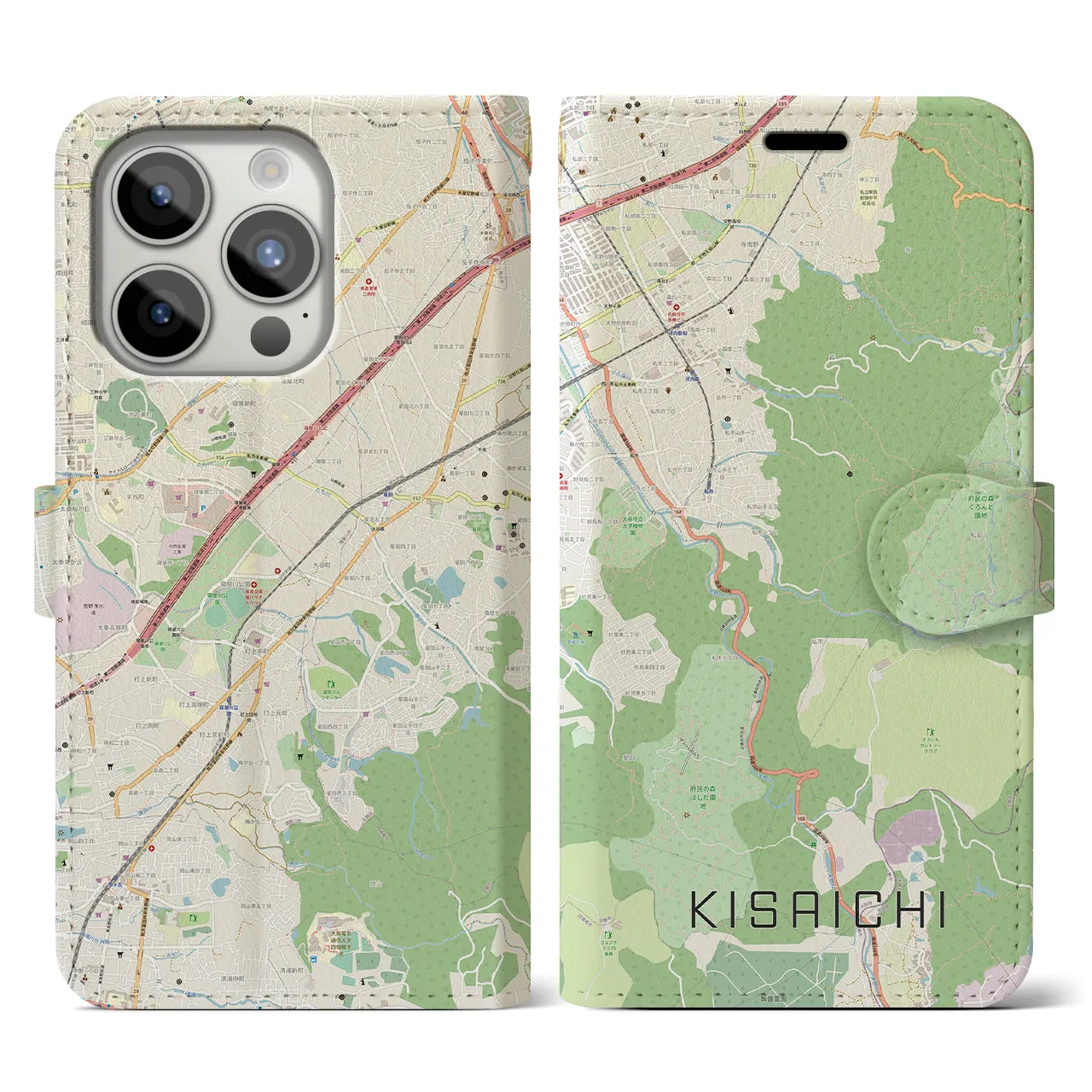 【私市】地図柄iPhoneケース（手帳両面タイプ・ナチュラル）iPhone 15 Pro 用