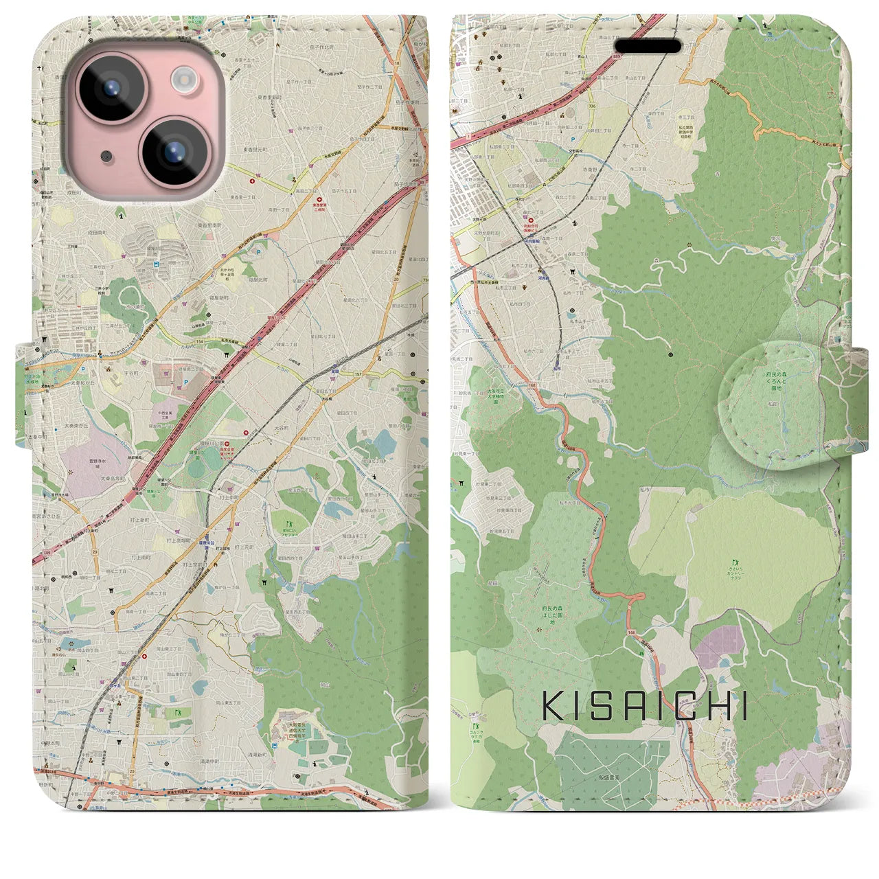 【私市】地図柄iPhoneケース（手帳両面タイプ・ナチュラル）iPhone 15 Plus 用