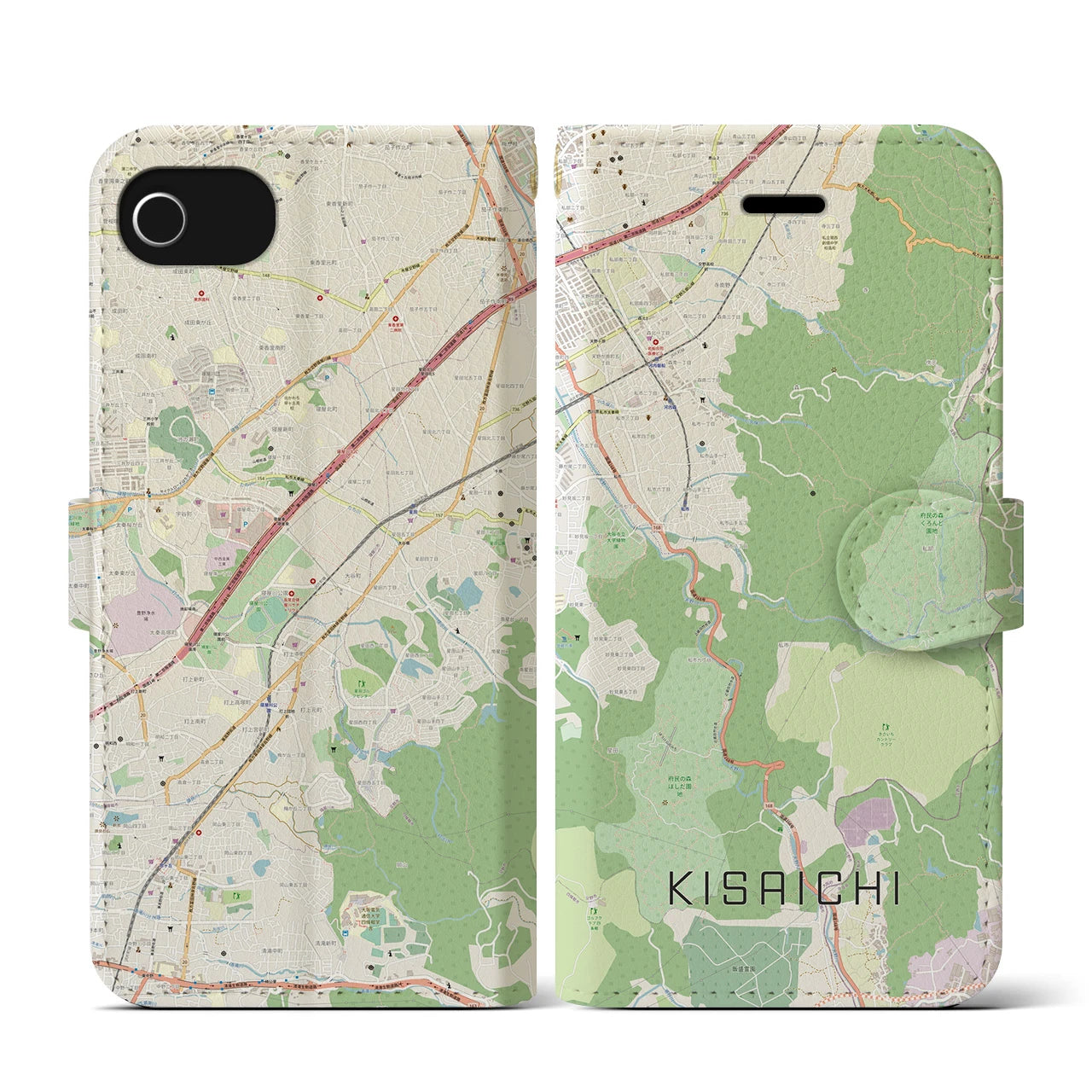 【私市】地図柄iPhoneケース（手帳両面タイプ・ナチュラル）iPhone SE（第3 / 第2世代） / 8 / 7 / 6s / 6 用