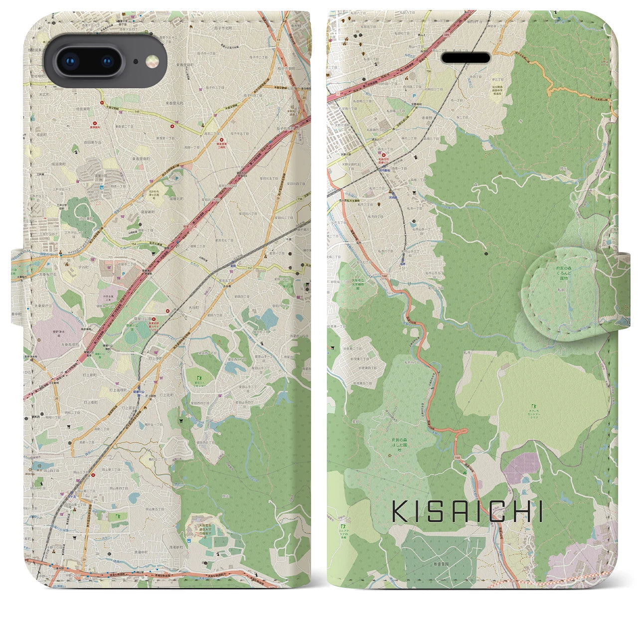 【私市】地図柄iPhoneケース（手帳両面タイプ・ナチュラル）iPhone 8Plus /7Plus / 6sPlus / 6Plus 用
