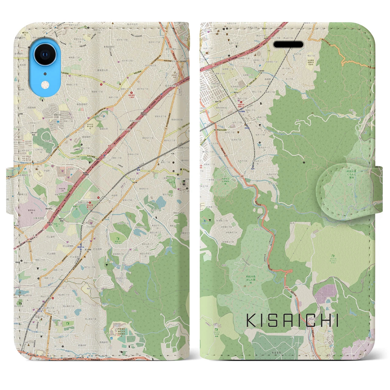 【私市】地図柄iPhoneケース（手帳両面タイプ・ナチュラル）iPhone XR 用