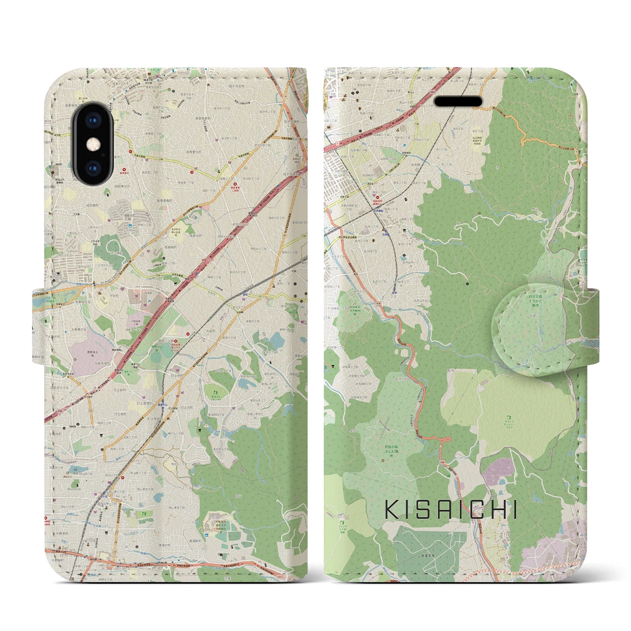 【私市】地図柄iPhoneケース（手帳両面タイプ・ナチュラル）iPhone XS / X 用