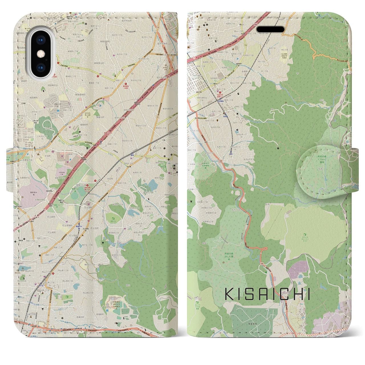【私市】地図柄iPhoneケース（手帳両面タイプ・ナチュラル）iPhone XS Max 用
