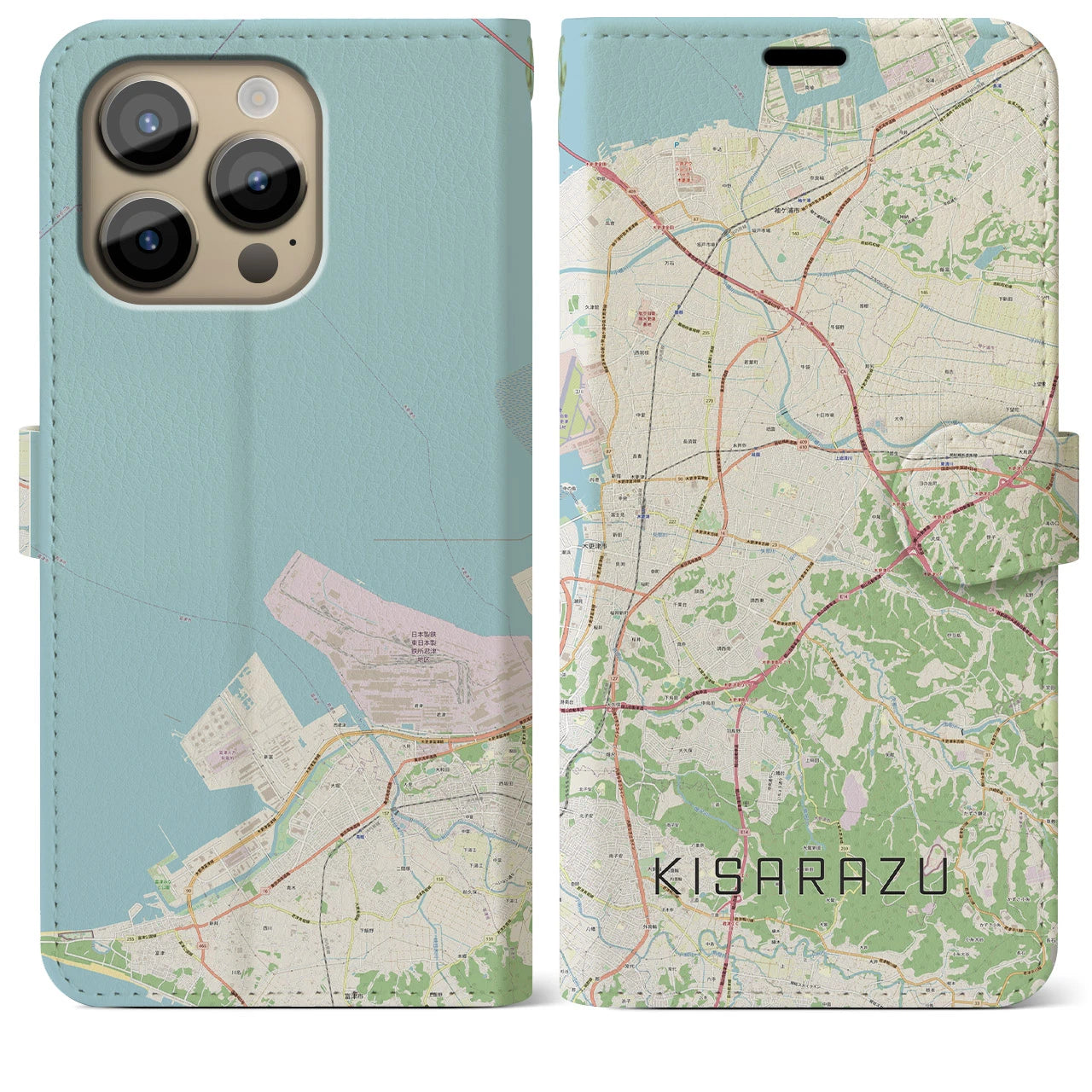 【木更津】地図柄iPhoneケース（手帳両面タイプ・ナチュラル）iPhone 14 Pro Max 用
