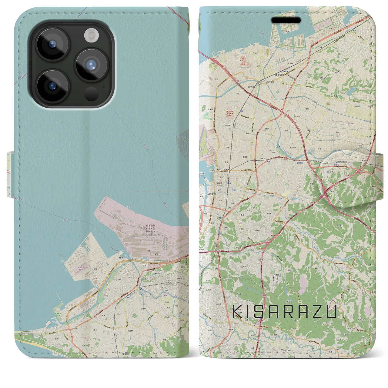 【木更津】地図柄iPhoneケース（手帳両面タイプ・ナチュラル）iPhone 15 Pro Max 用