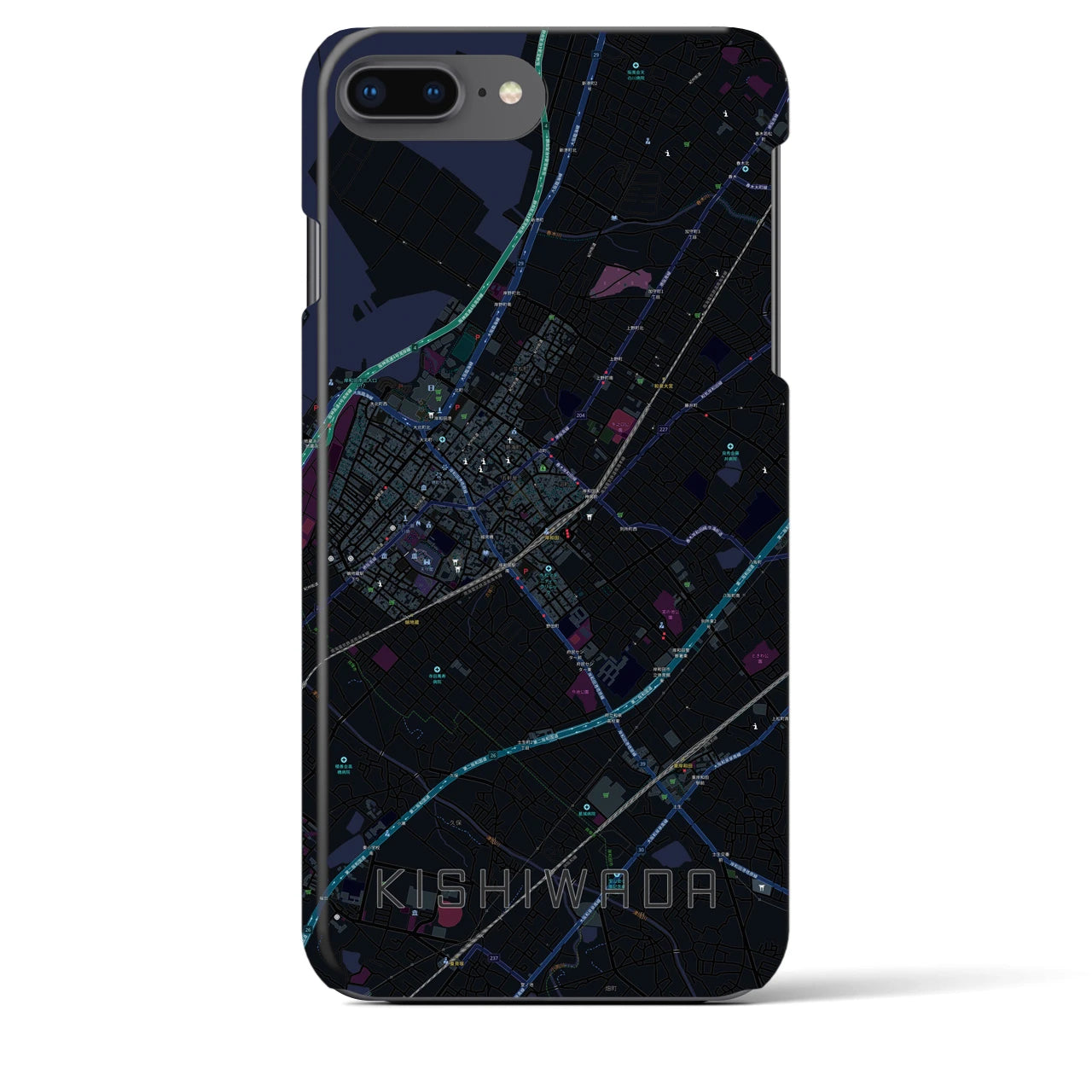 【岸和田】地図柄iPhoneケース（バックカバータイプ・ブラック）iPhone 8Plus /7Plus / 6sPlus / 6Plus 用
