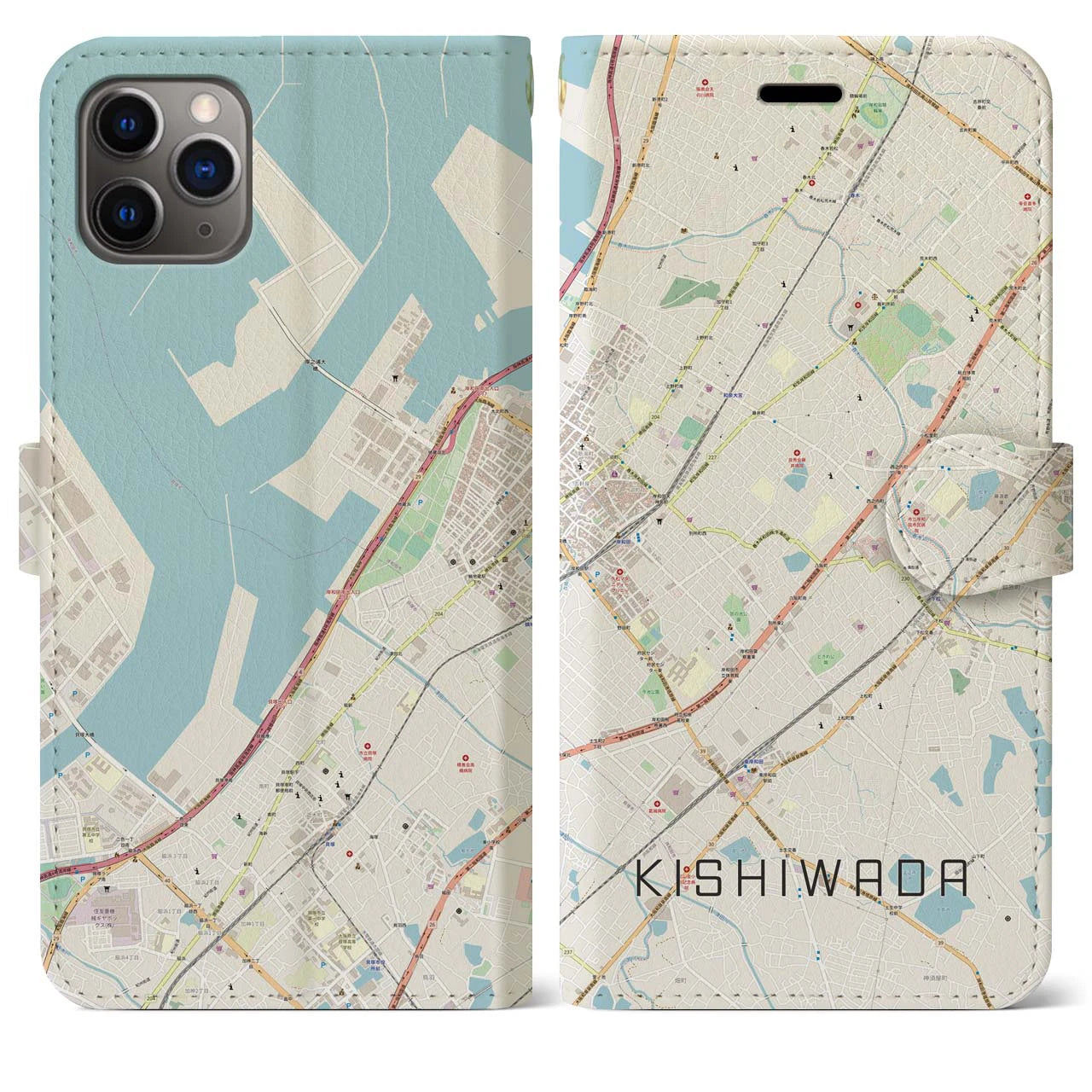 【岸和田】地図柄iPhoneケース（手帳両面タイプ・ナチュラル）iPhone 11 Pro Max 用