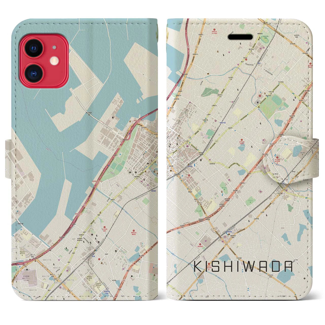 【岸和田】地図柄iPhoneケース（手帳両面タイプ・ナチュラル）iPhone 11 用
