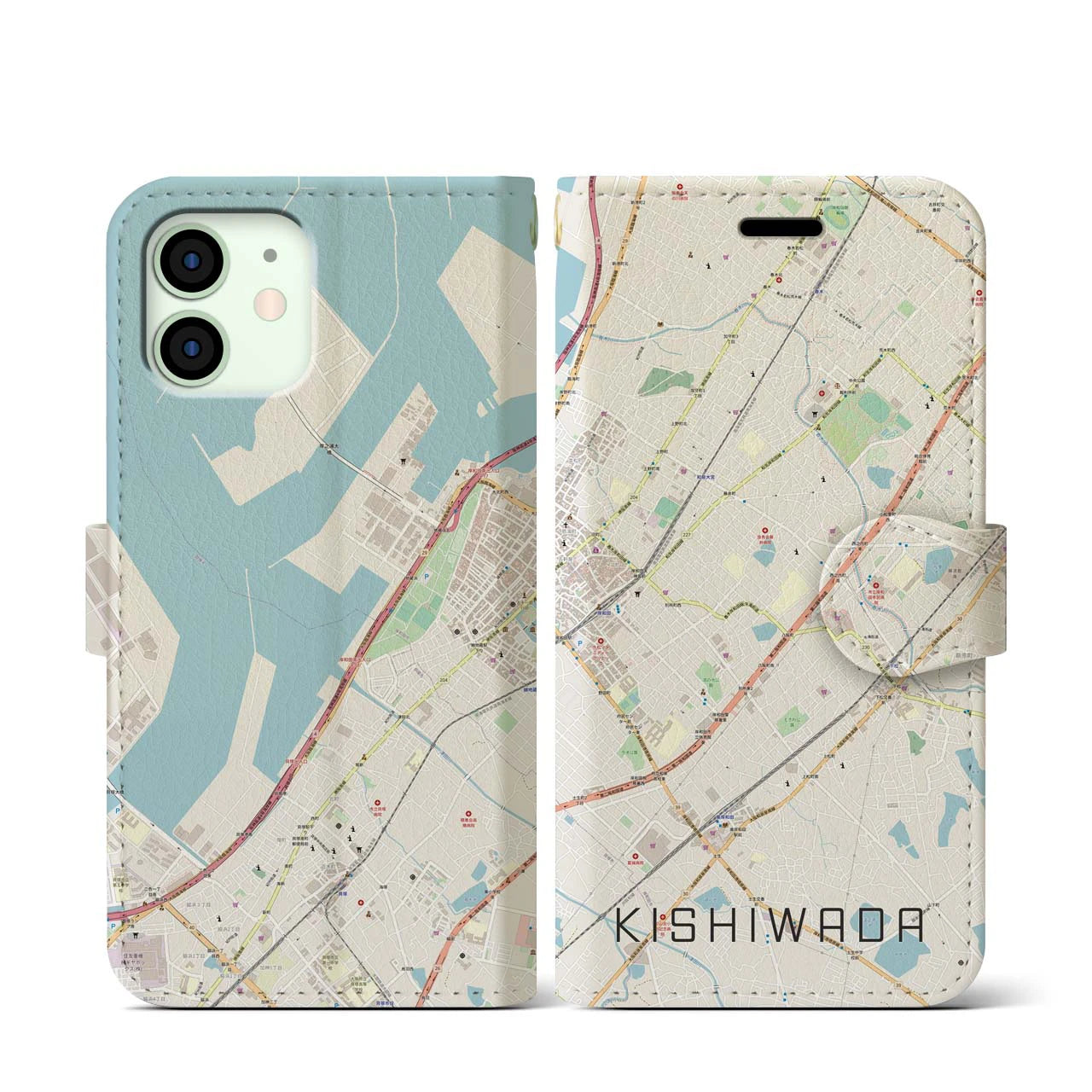 【岸和田】地図柄iPhoneケース（手帳両面タイプ・ナチュラル）iPhone 12 mini 用