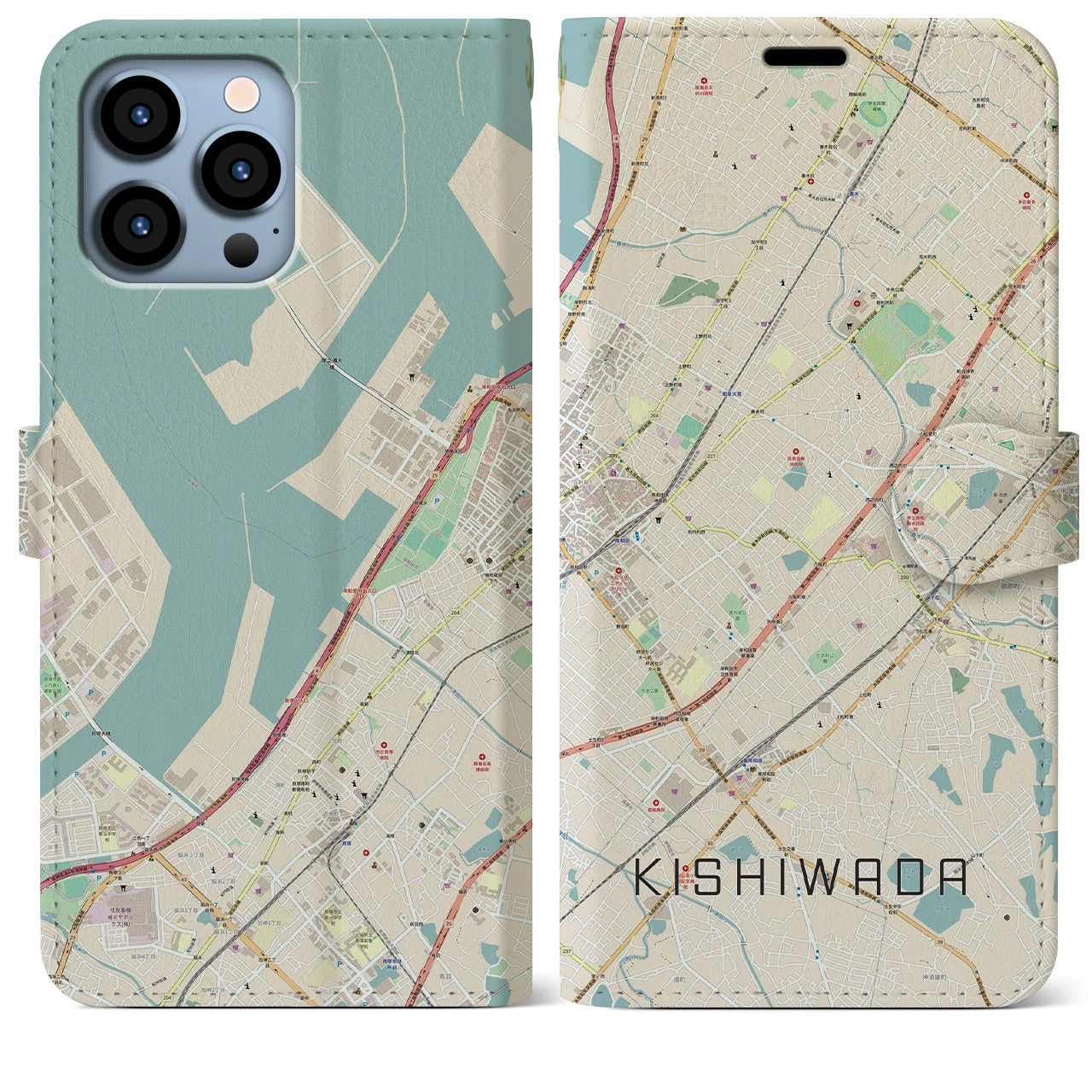 【岸和田】地図柄iPhoneケース（手帳両面タイプ・ナチュラル）iPhone 13 Pro Max 用