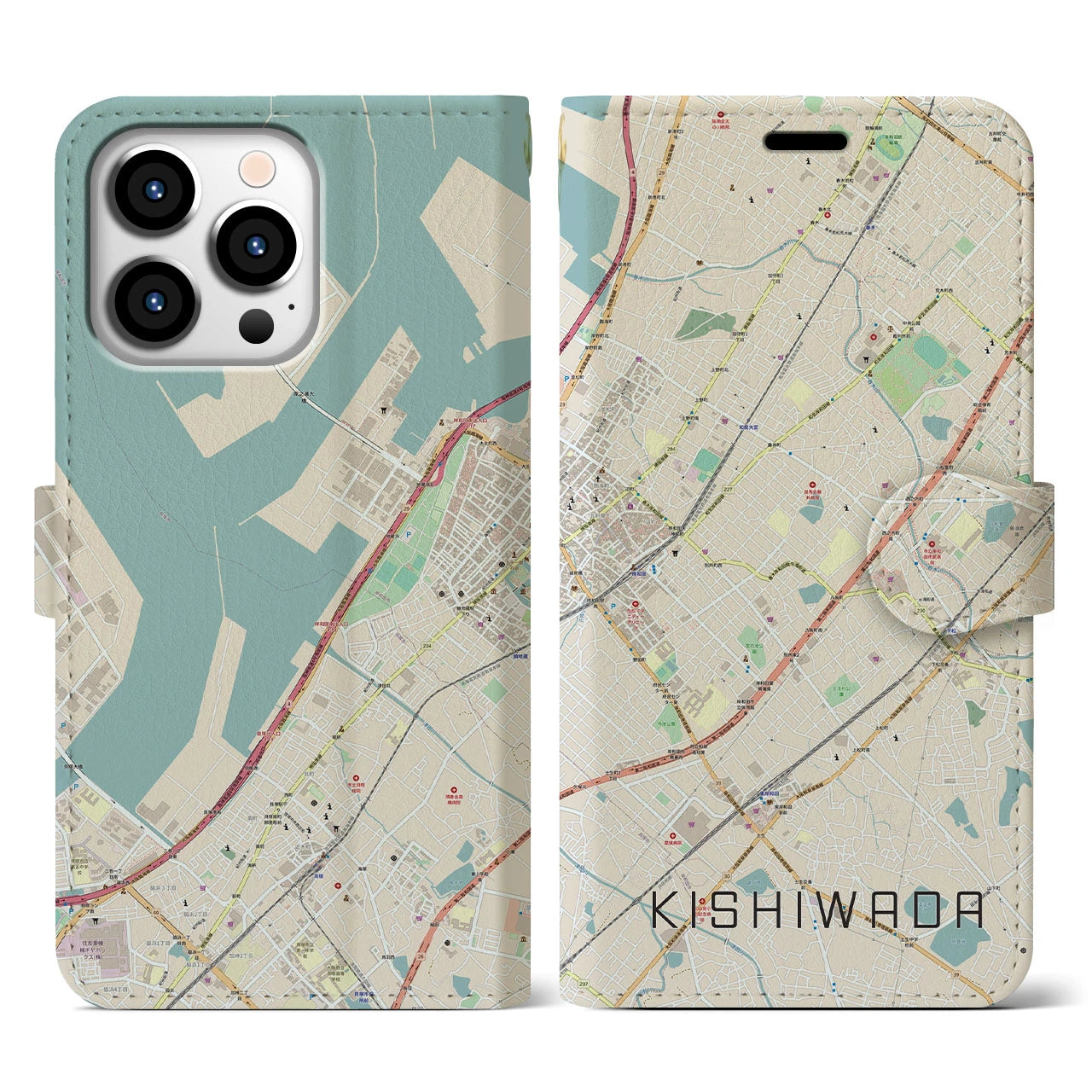 【岸和田】地図柄iPhoneケース（手帳両面タイプ・ナチュラル）iPhone 13 Pro 用