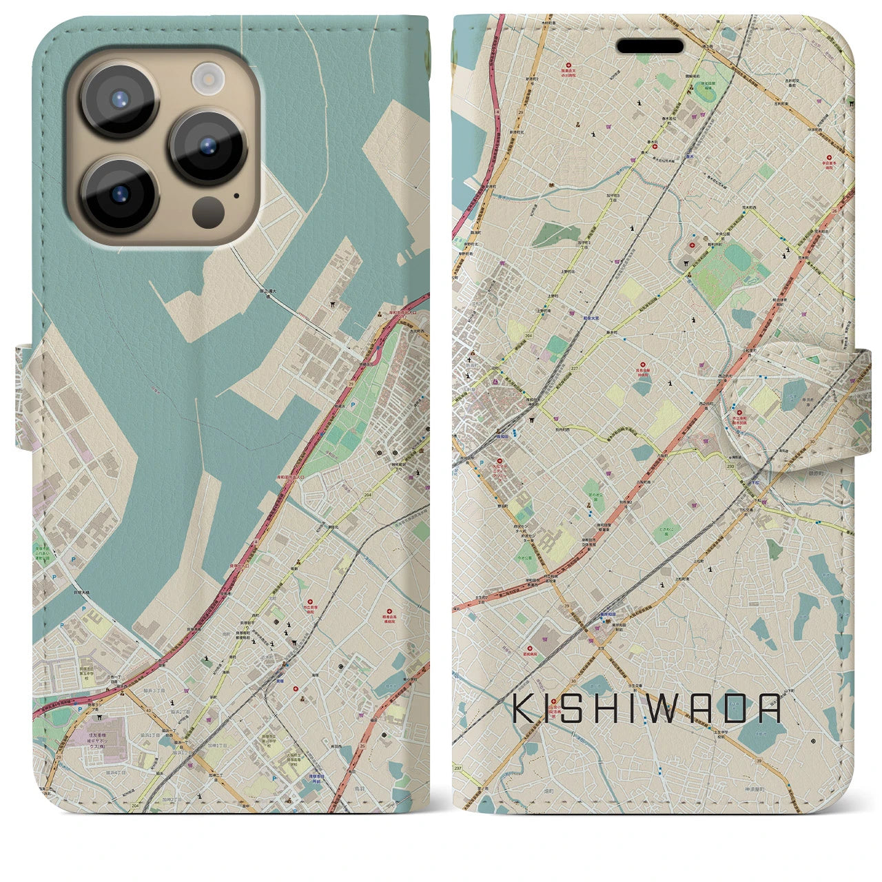 【岸和田】地図柄iPhoneケース（手帳両面タイプ・ナチュラル）iPhone 14 Pro Max 用