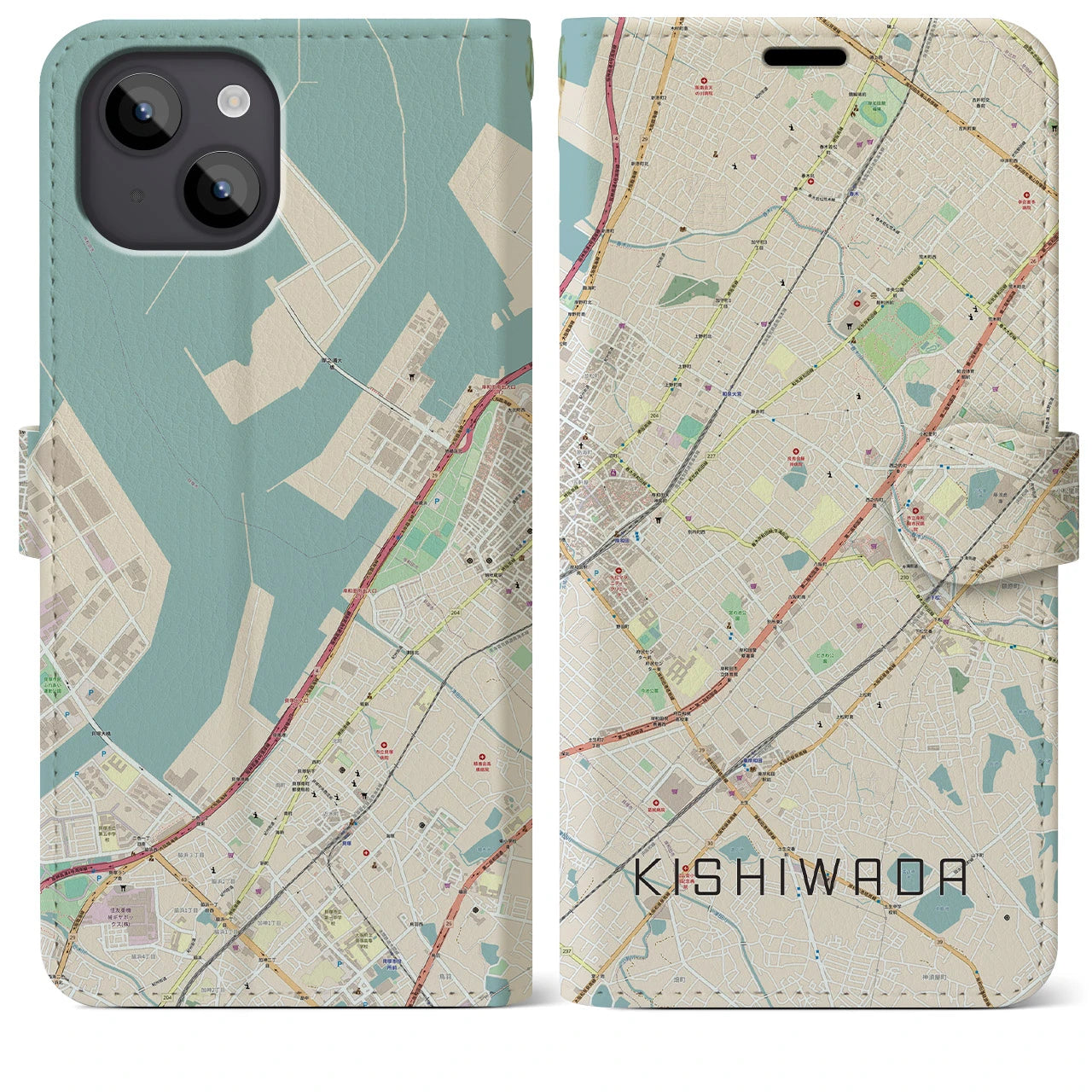 【岸和田】地図柄iPhoneケース（手帳両面タイプ・ナチュラル）iPhone 14 Plus 用