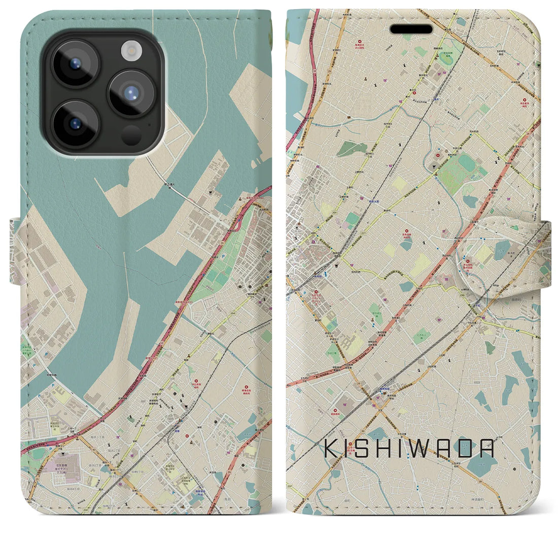 【岸和田】地図柄iPhoneケース（手帳両面タイプ・ナチュラル）iPhone 15 Pro Max 用
