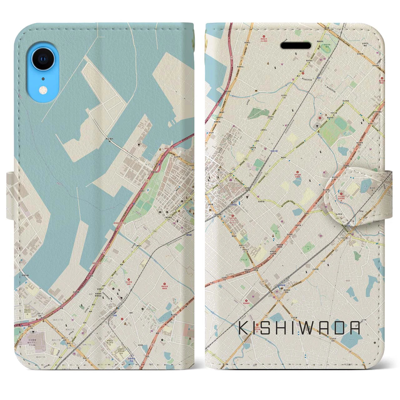 【岸和田】地図柄iPhoneケース（手帳両面タイプ・ナチュラル）iPhone XR 用