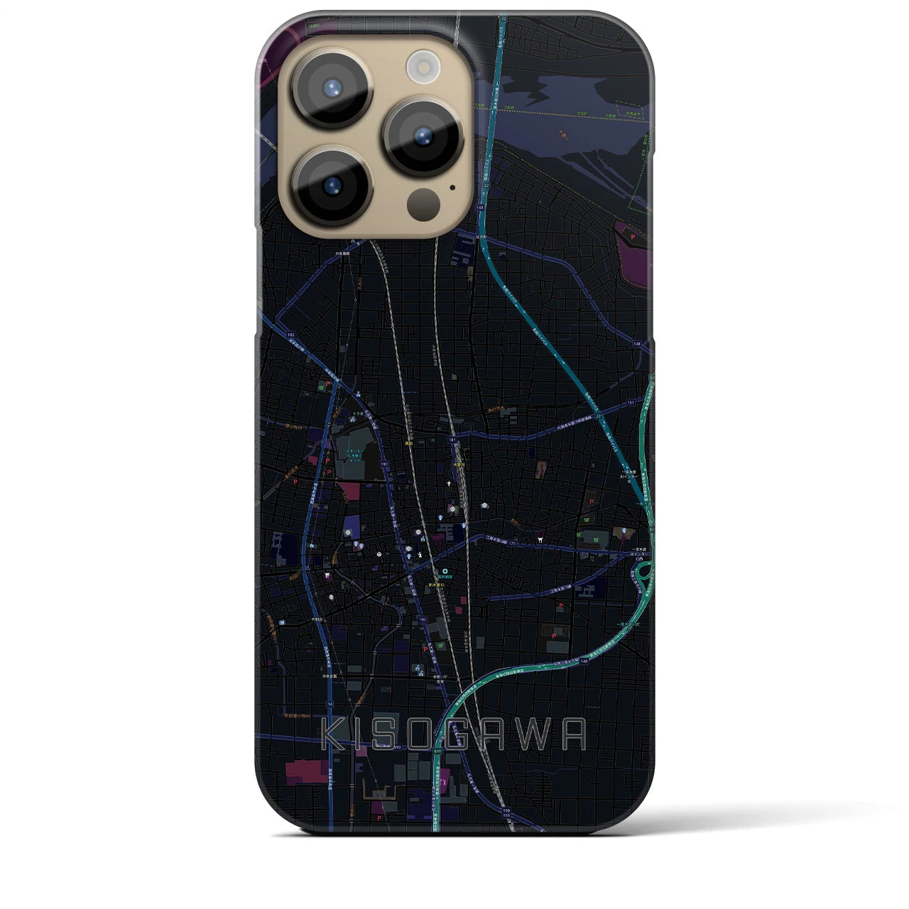 【木曽川】地図柄iPhoneケース（バックカバータイプ・ブラック）iPhone 14 Pro Max 用