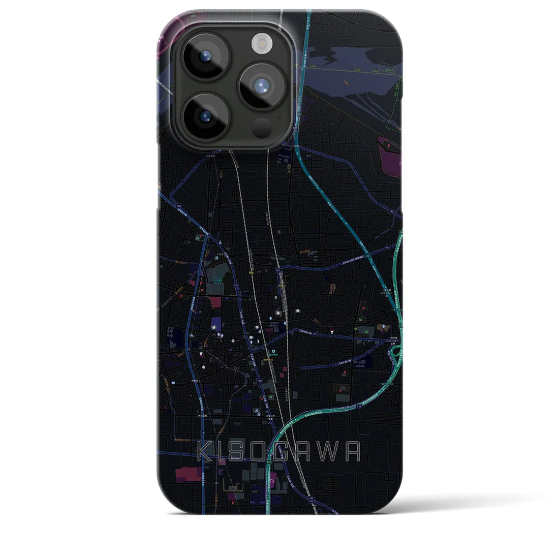 【木曽川】地図柄iPhoneケース（バックカバータイプ・ブラック）iPhone 15 Pro Max 用