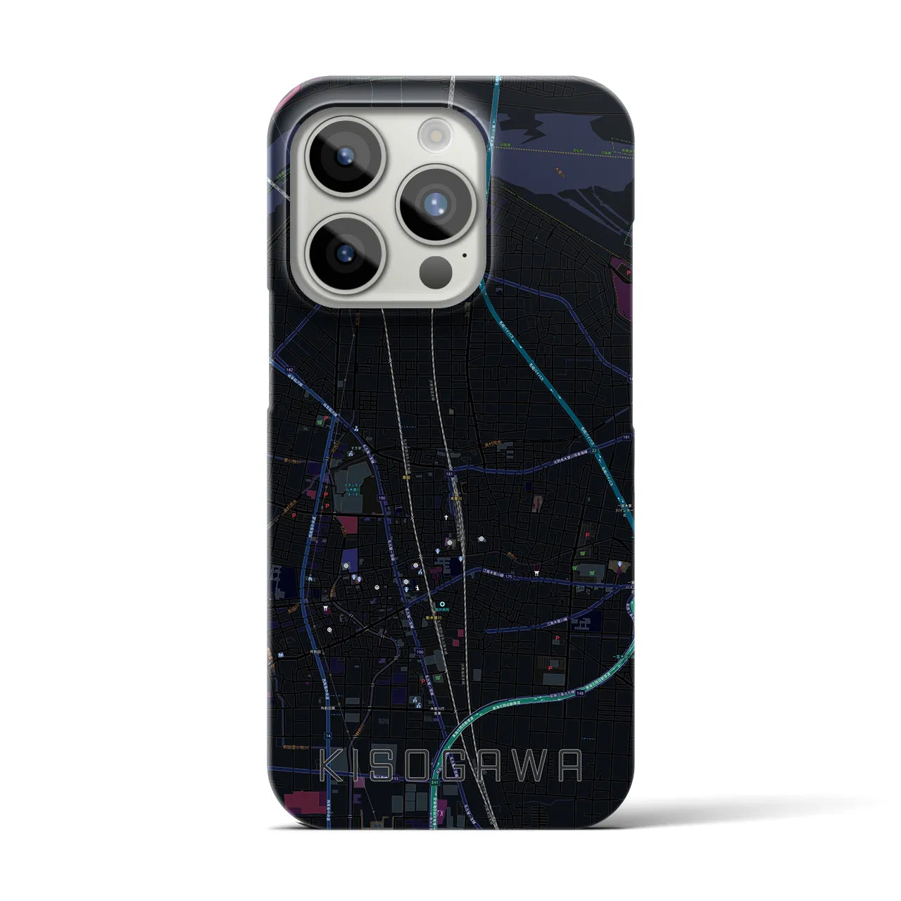 【木曽川】地図柄iPhoneケース（バックカバータイプ・ブラック）iPhone 15 Pro 用