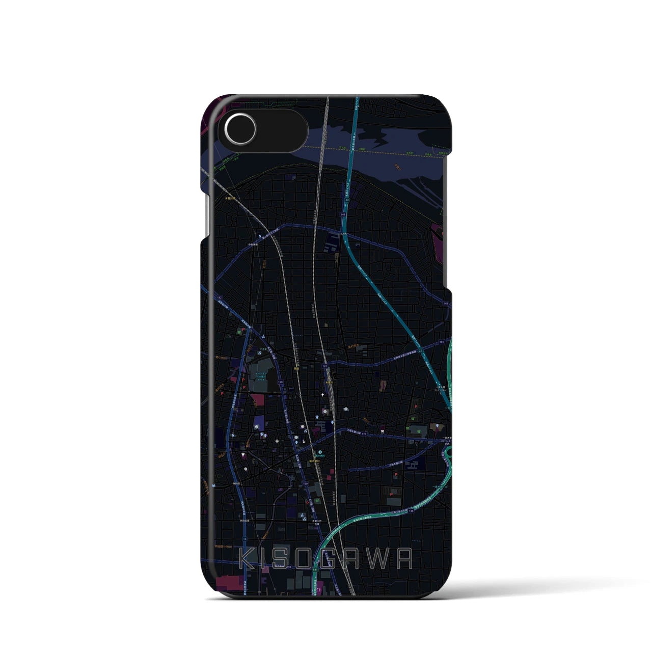 【木曽川】地図柄iPhoneケース（バックカバータイプ・ブラック）iPhone SE（第3 / 第2世代） / 8 / 7 / 6s / 6 用