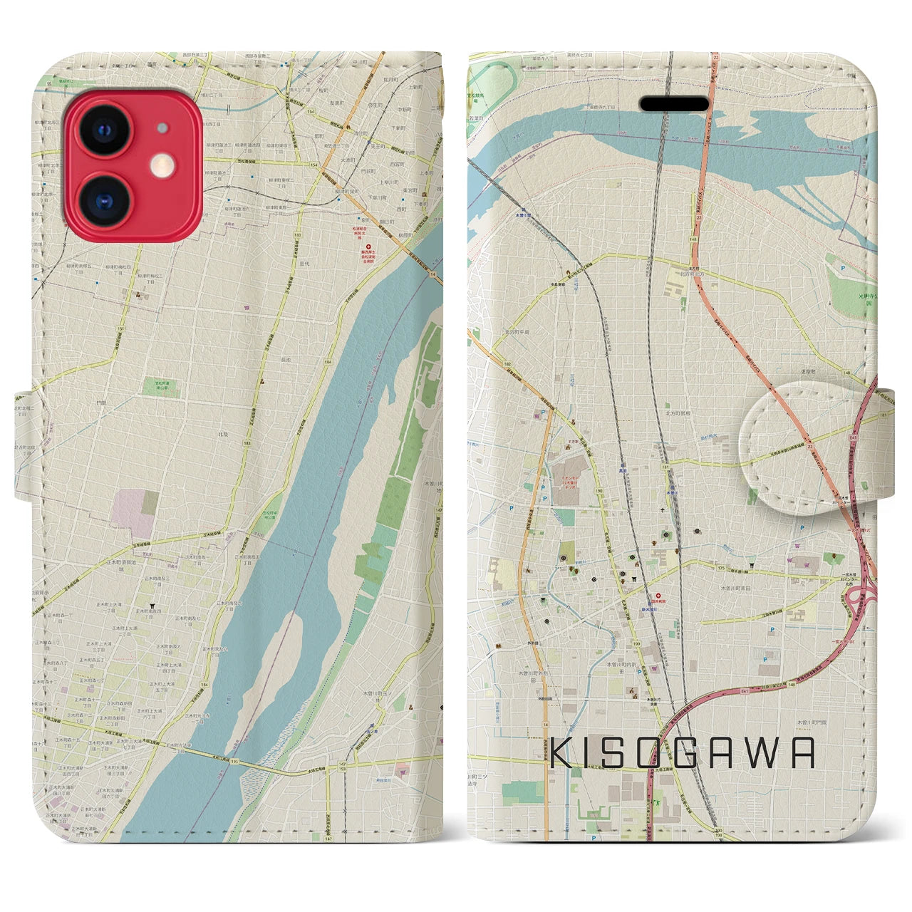 【木曽川】地図柄iPhoneケース（手帳両面タイプ・ナチュラル）iPhone 11 用