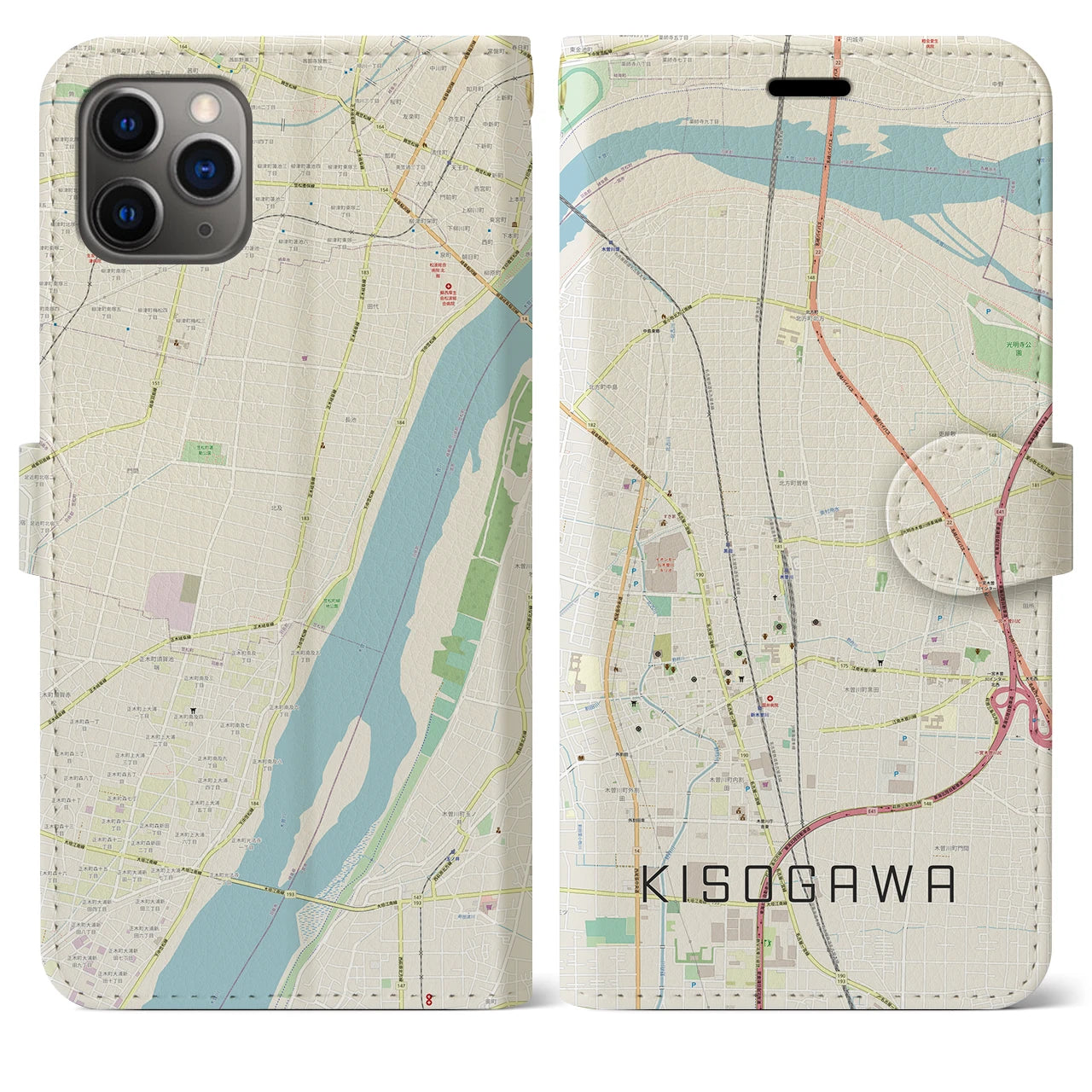 【木曽川】地図柄iPhoneケース（手帳両面タイプ・ナチュラル）iPhone 11 Pro Max 用