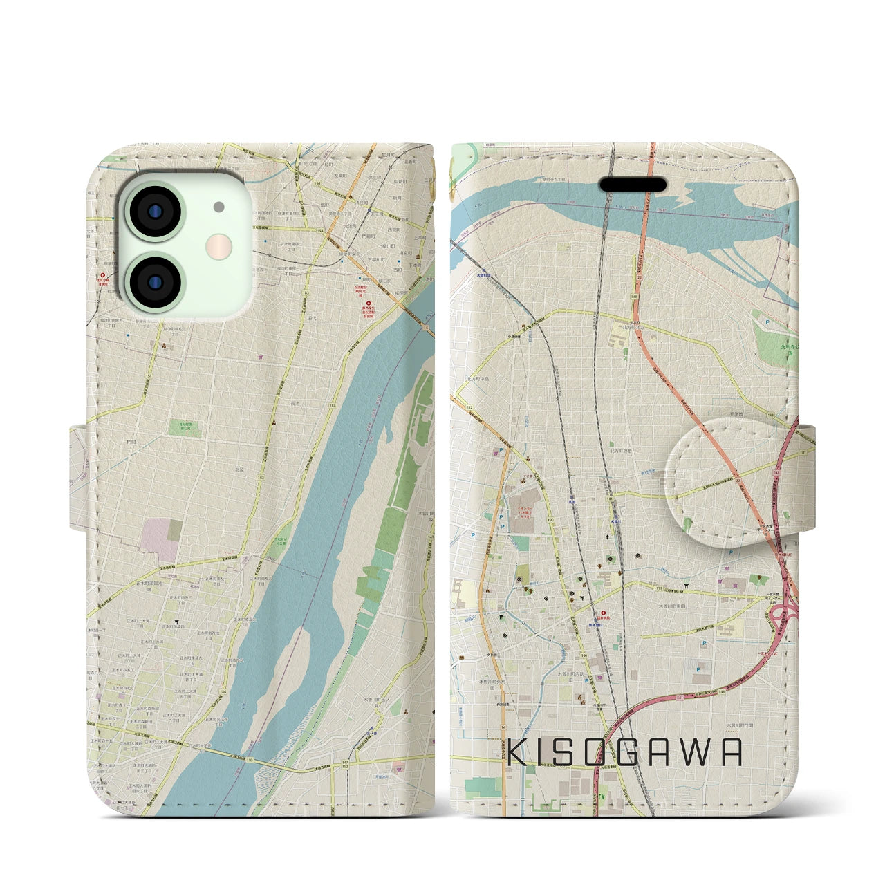 【木曽川】地図柄iPhoneケース（手帳両面タイプ・ナチュラル）iPhone 12 mini 用