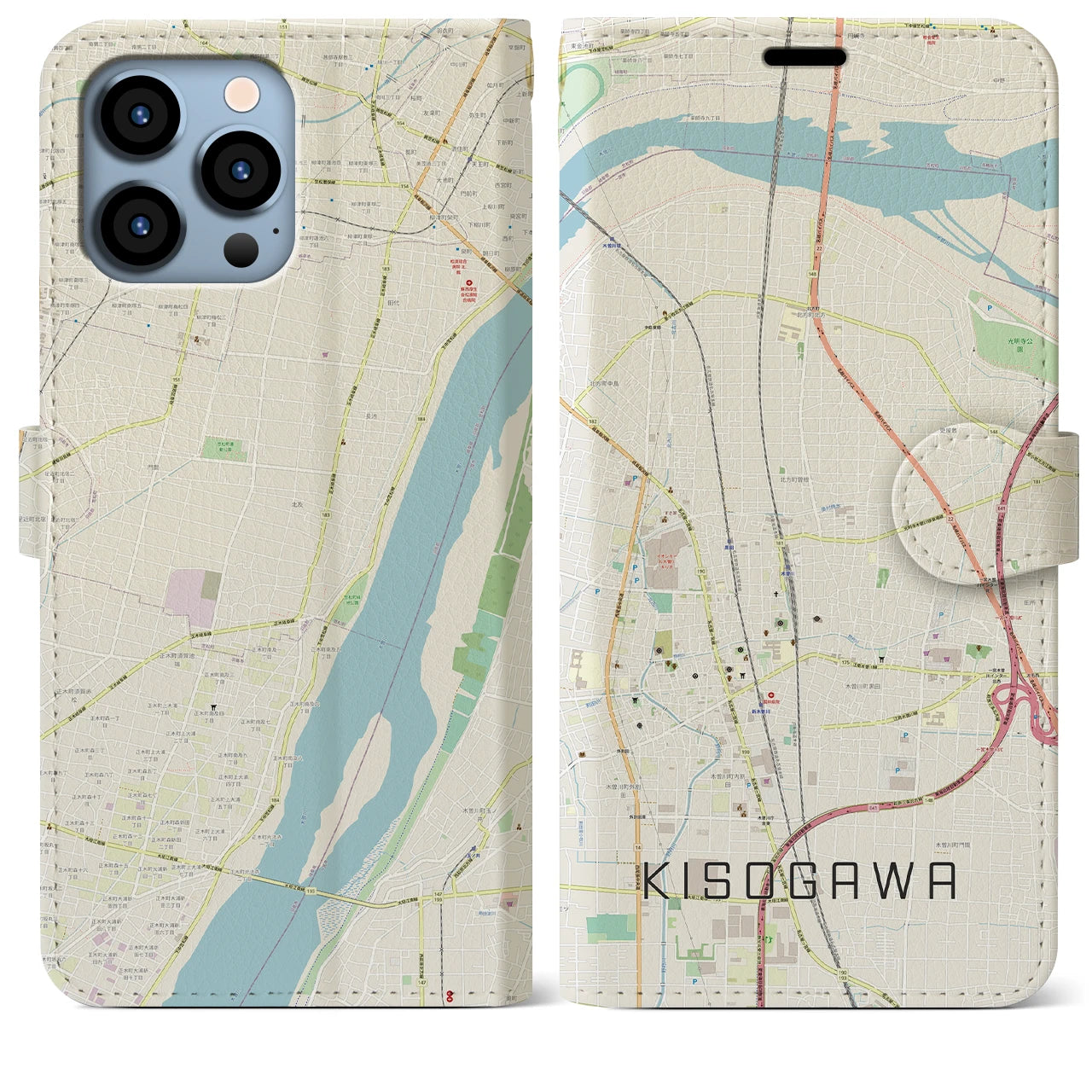 【木曽川】地図柄iPhoneケース（手帳両面タイプ・ナチュラル）iPhone 13 Pro Max 用