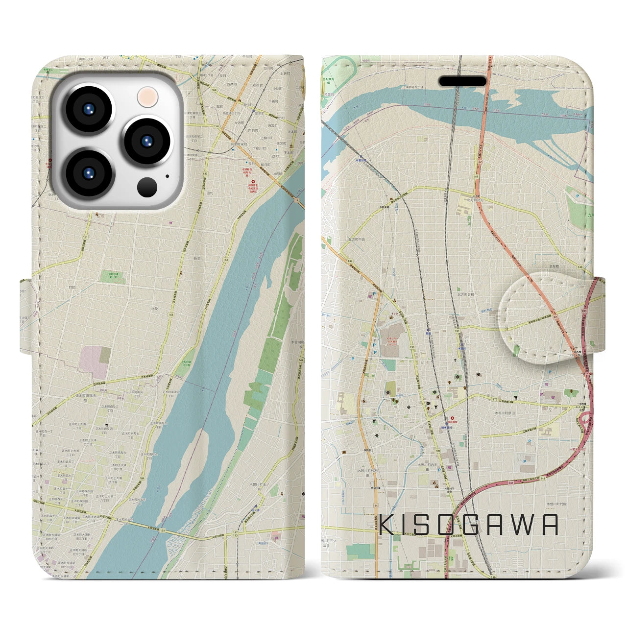 【木曽川】地図柄iPhoneケース（手帳両面タイプ・ナチュラル）iPhone 13 Pro 用