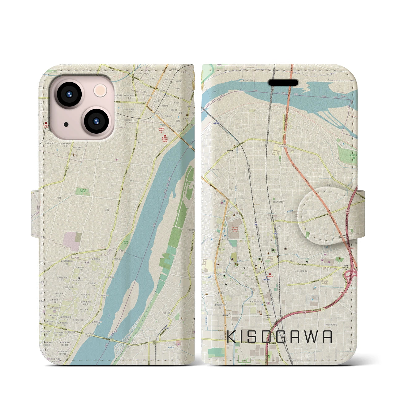 【木曽川】地図柄iPhoneケース（手帳両面タイプ・ナチュラル）iPhone 13 mini 用