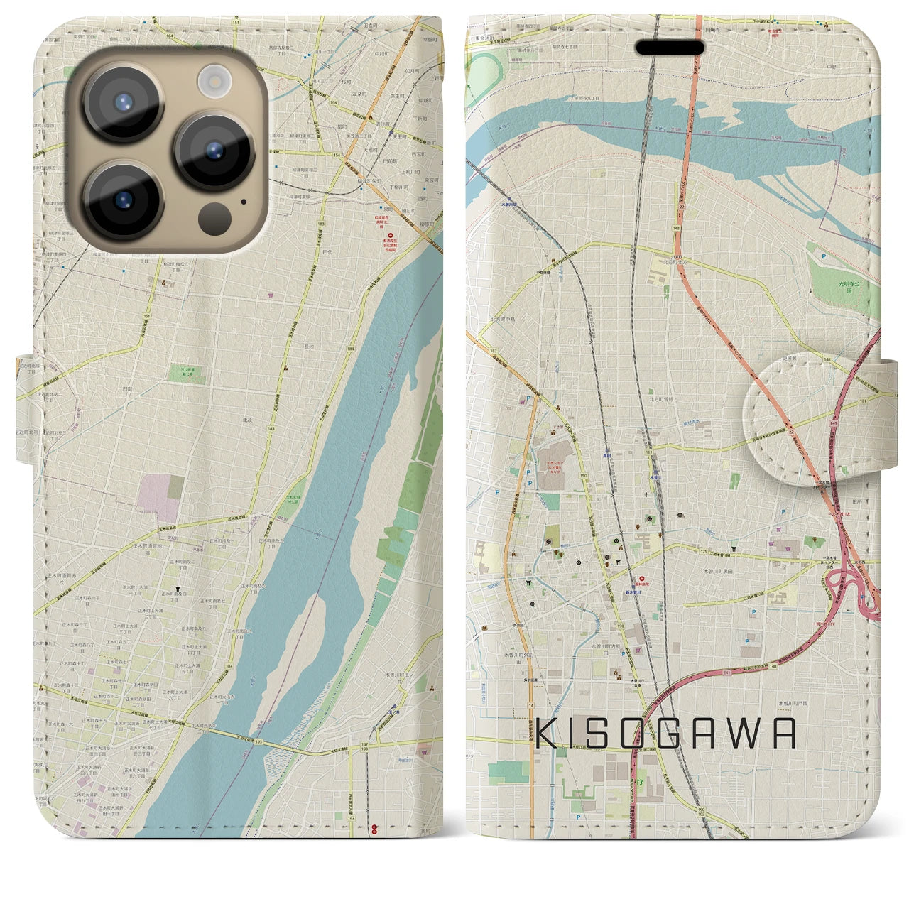【木曽川】地図柄iPhoneケース（手帳両面タイプ・ナチュラル）iPhone 14 Pro Max 用
