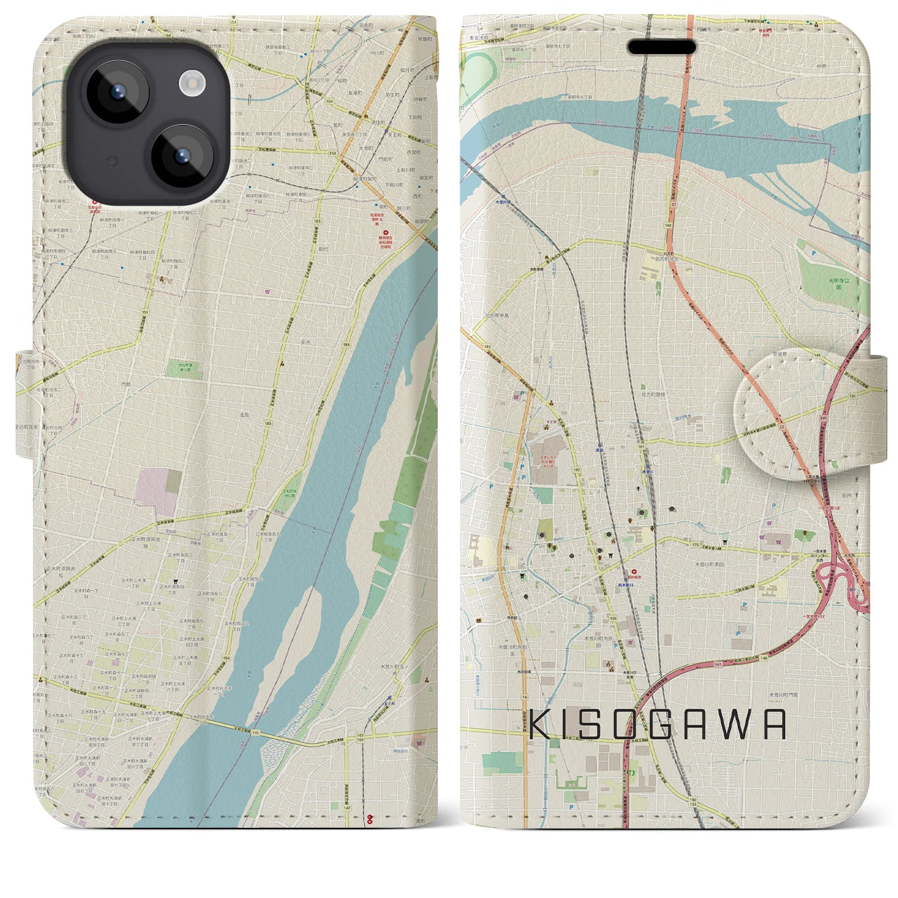 【木曽川】地図柄iPhoneケース（手帳両面タイプ・ナチュラル）iPhone 14 Plus 用