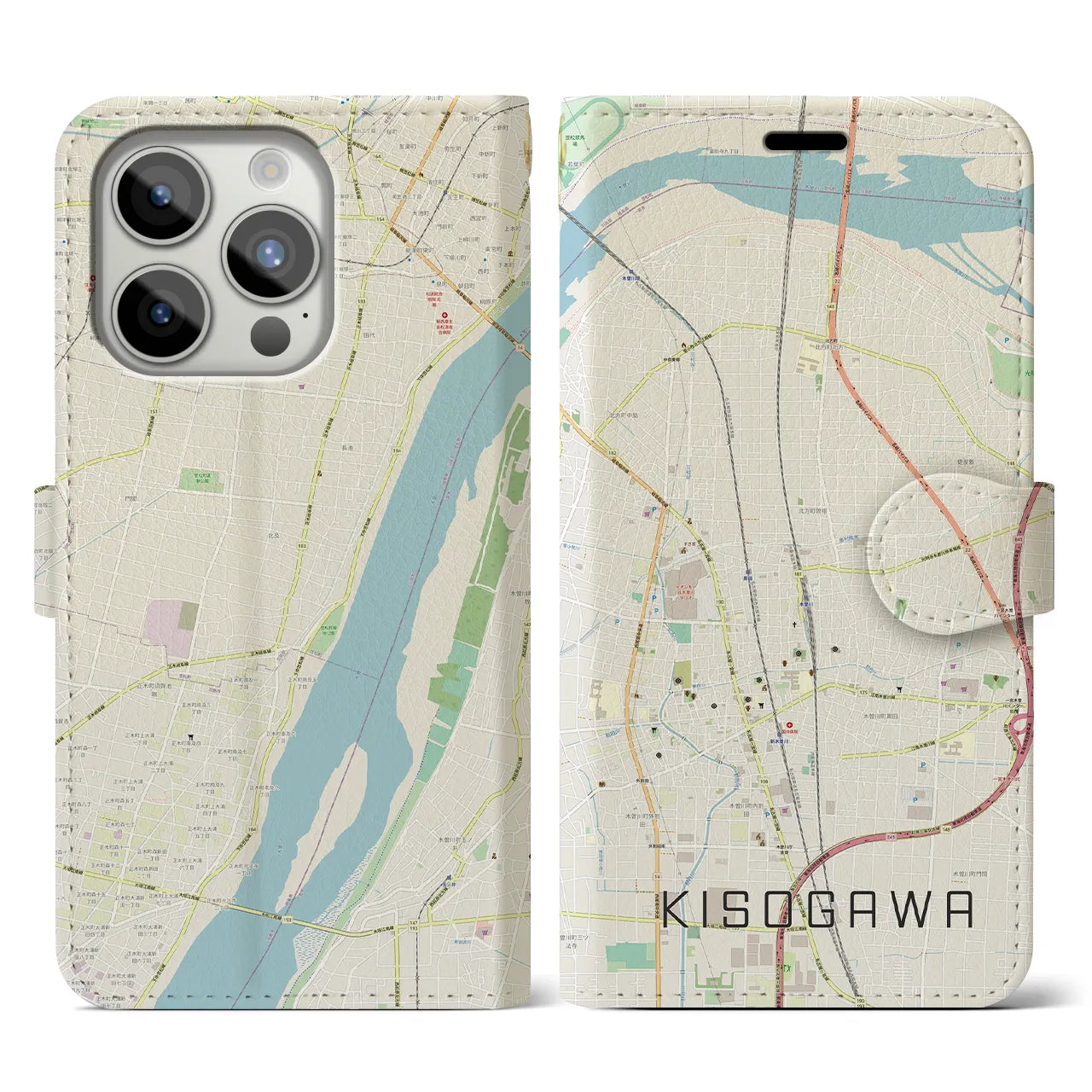 【木曽川】地図柄iPhoneケース（手帳両面タイプ・ナチュラル）iPhone 15 Pro 用