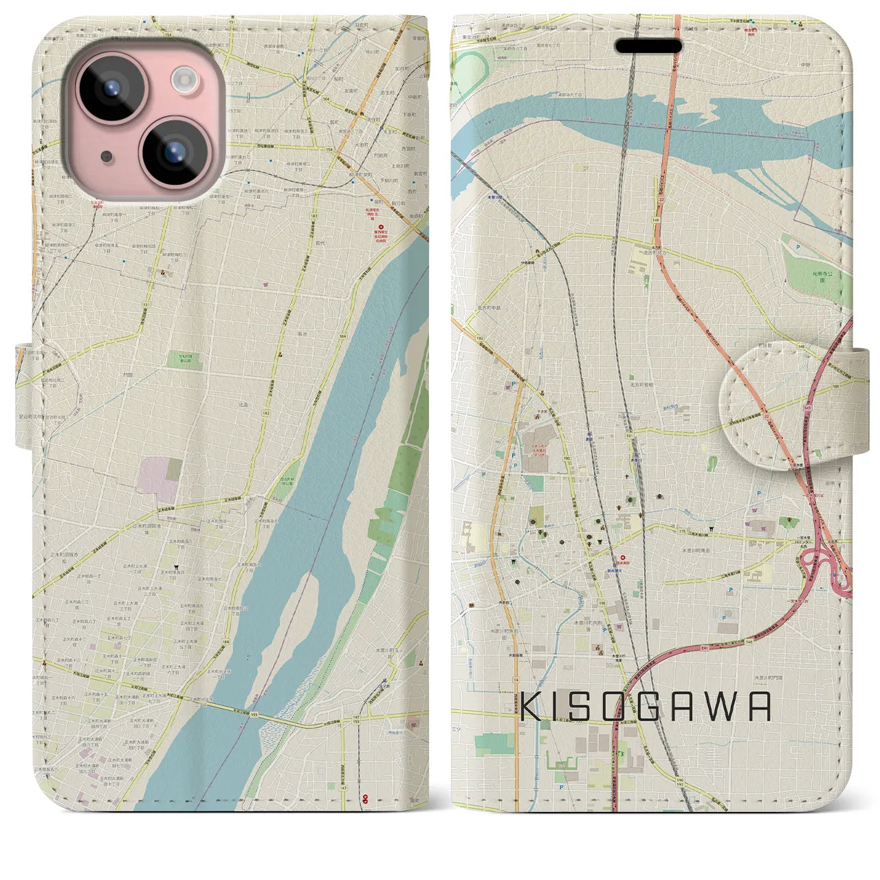 【木曽川】地図柄iPhoneケース（手帳両面タイプ・ナチュラル）iPhone 15 Plus 用