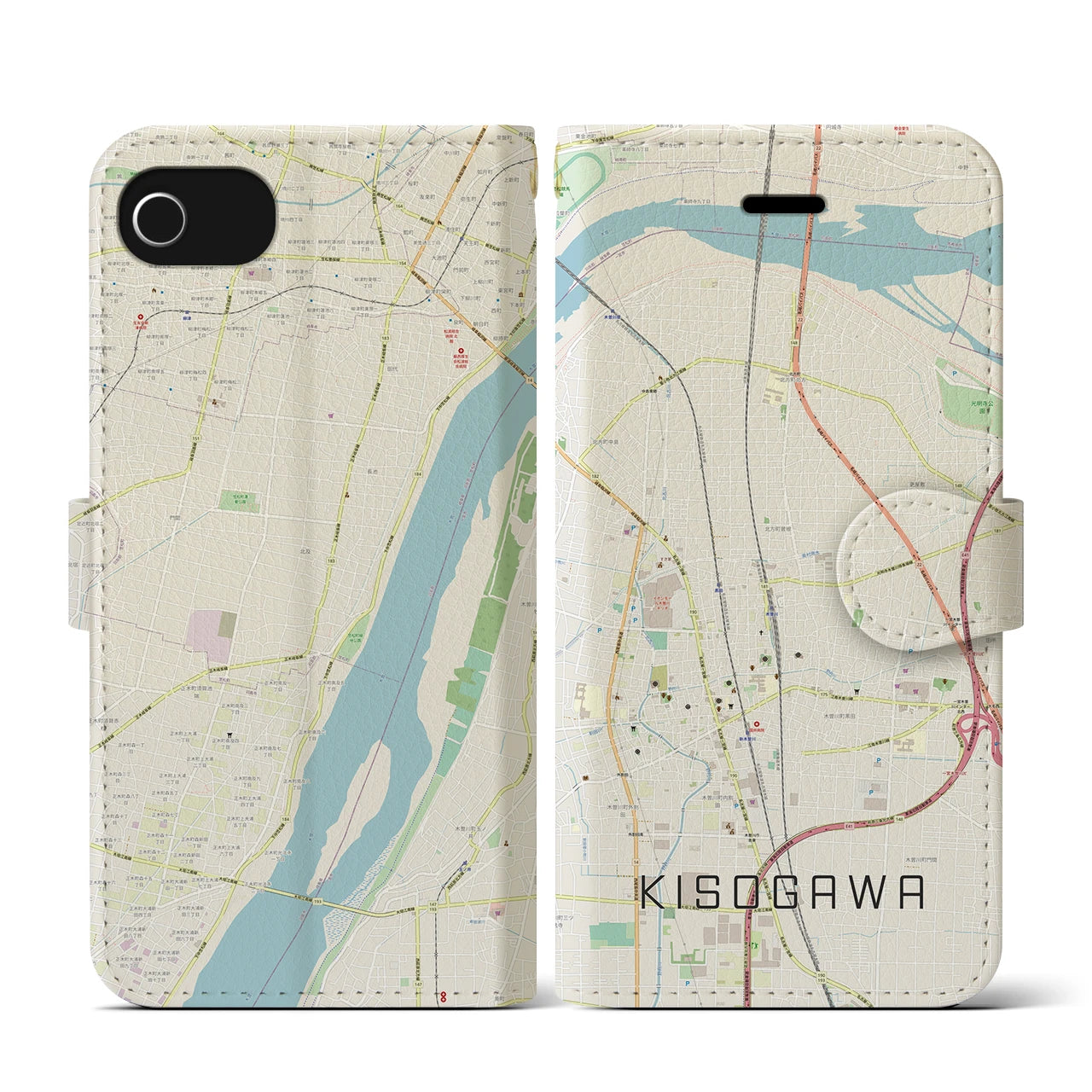 【木曽川】地図柄iPhoneケース（手帳両面タイプ・ナチュラル）iPhone SE（第3 / 第2世代） / 8 / 7 / 6s / 6 用