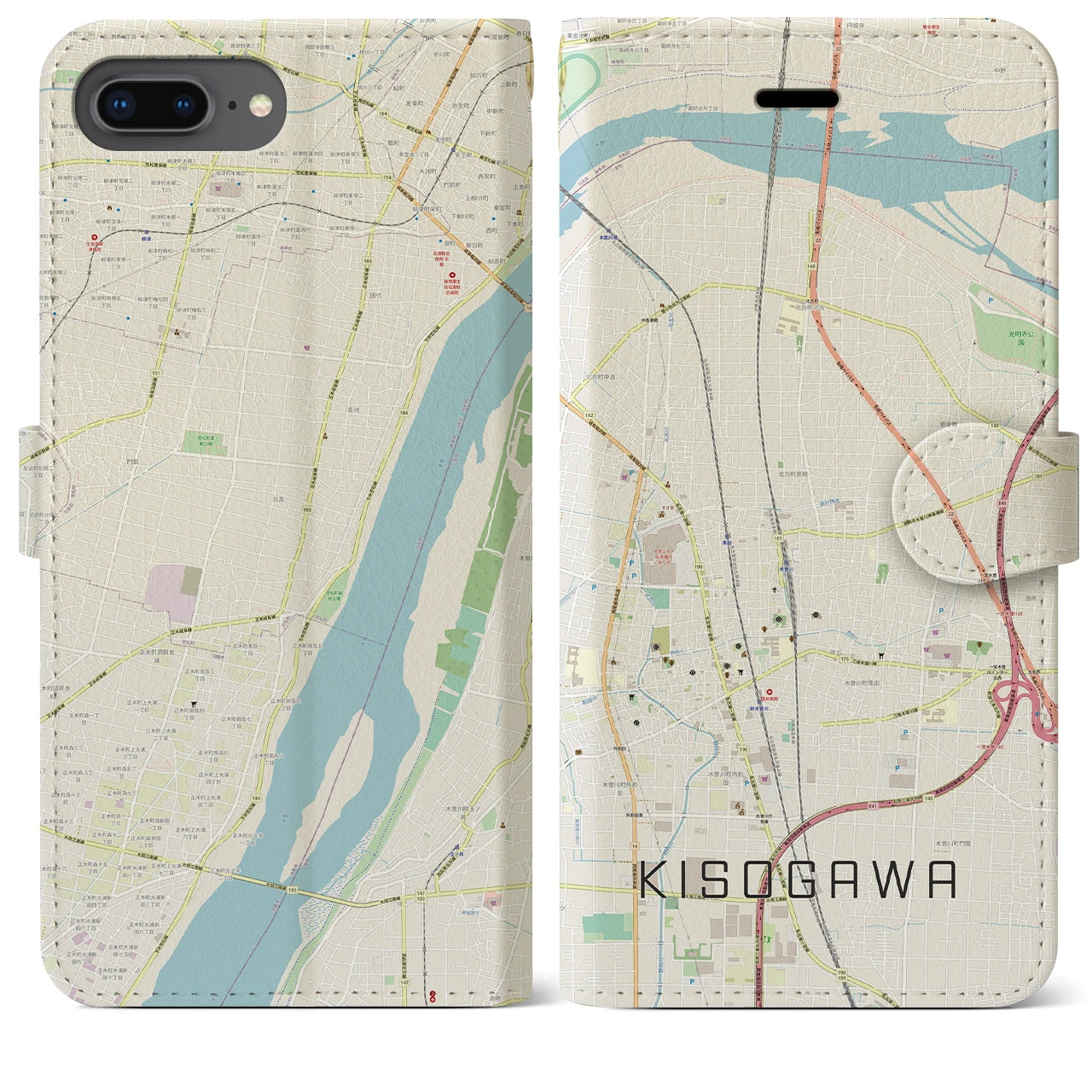 【木曽川】地図柄iPhoneケース（手帳両面タイプ・ナチュラル）iPhone 8Plus /7Plus / 6sPlus / 6Plus 用