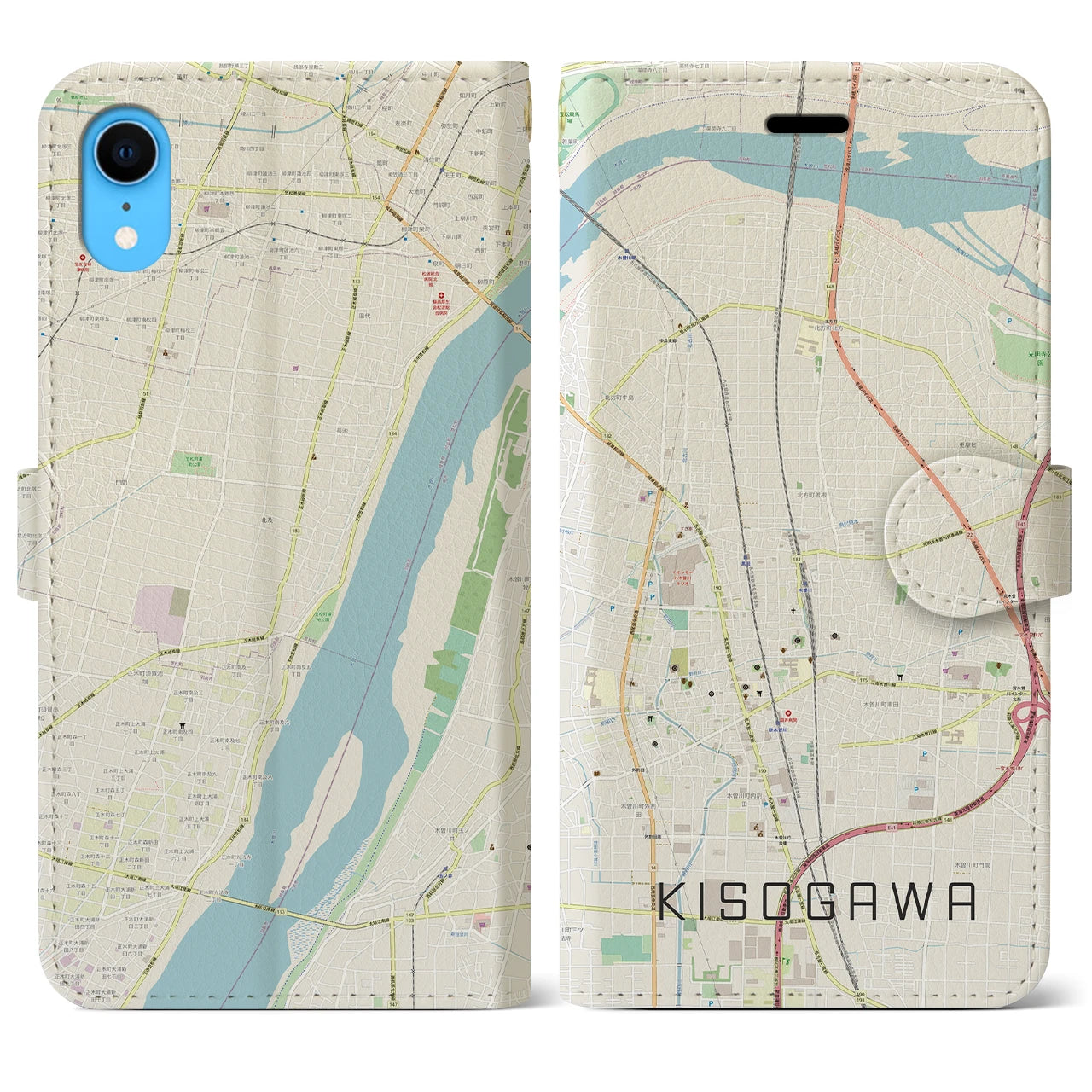 【木曽川】地図柄iPhoneケース（手帳両面タイプ・ナチュラル）iPhone XR 用