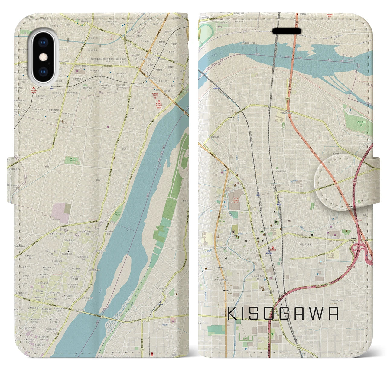 【木曽川】地図柄iPhoneケース（手帳両面タイプ・ナチュラル）iPhone XS Max 用