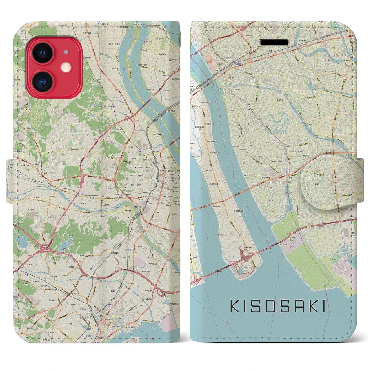 【木曽岬】地図柄iPhoneケース（手帳両面タイプ・ナチュラル）iPhone 11 用