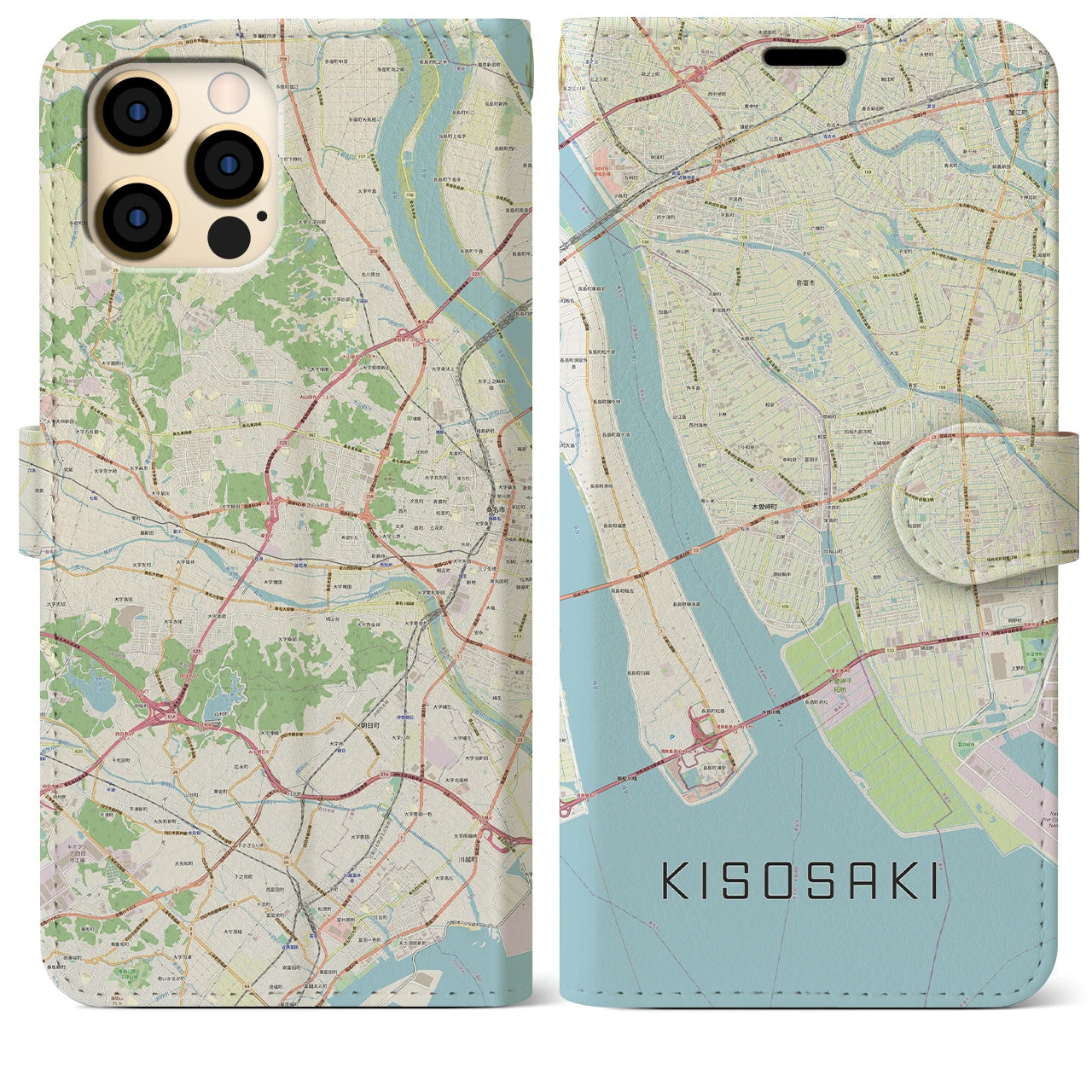【木曽岬】地図柄iPhoneケース（手帳両面タイプ・ナチュラル）iPhone 12 Pro Max 用
