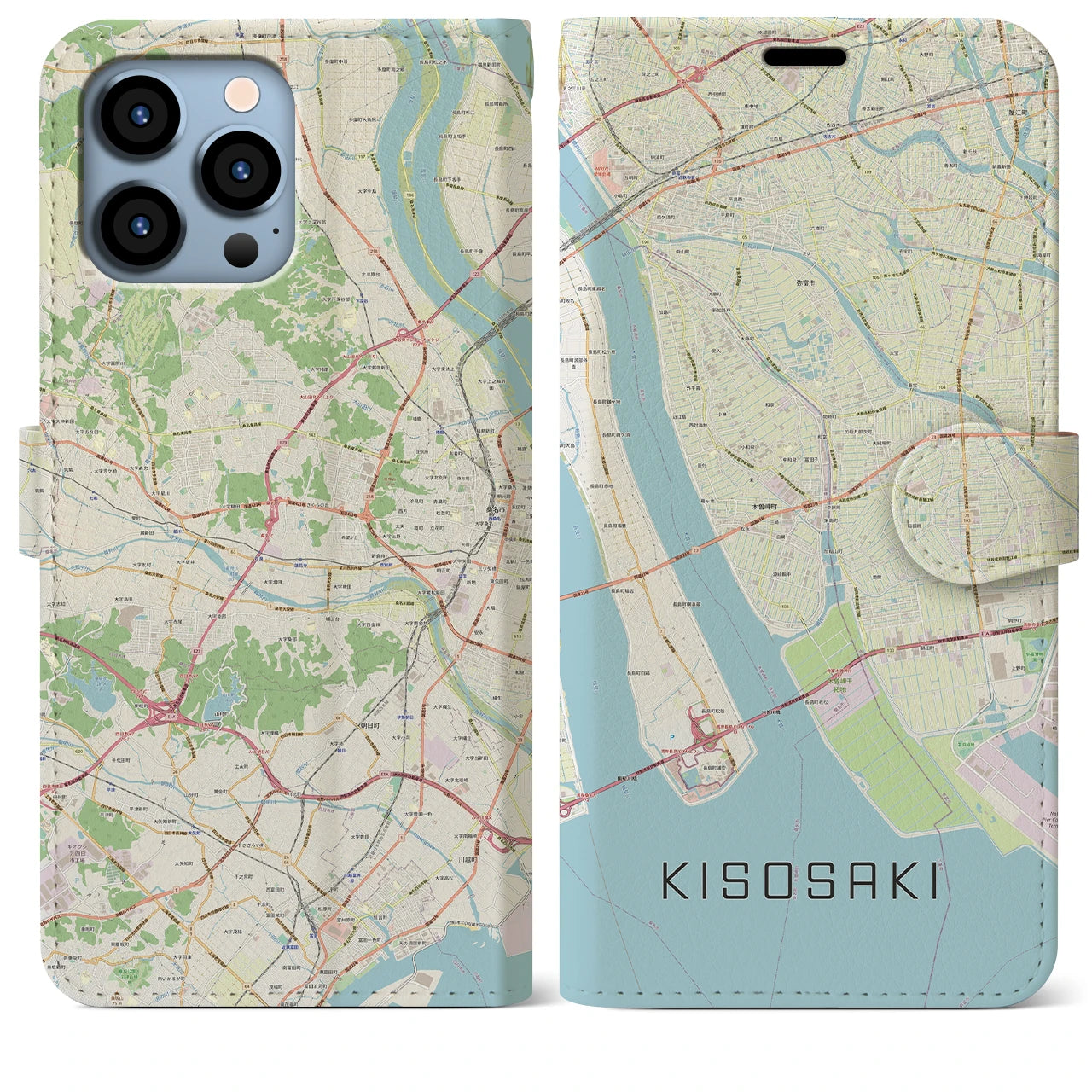 【木曽岬】地図柄iPhoneケース（手帳両面タイプ・ナチュラル）iPhone 13 Pro Max 用