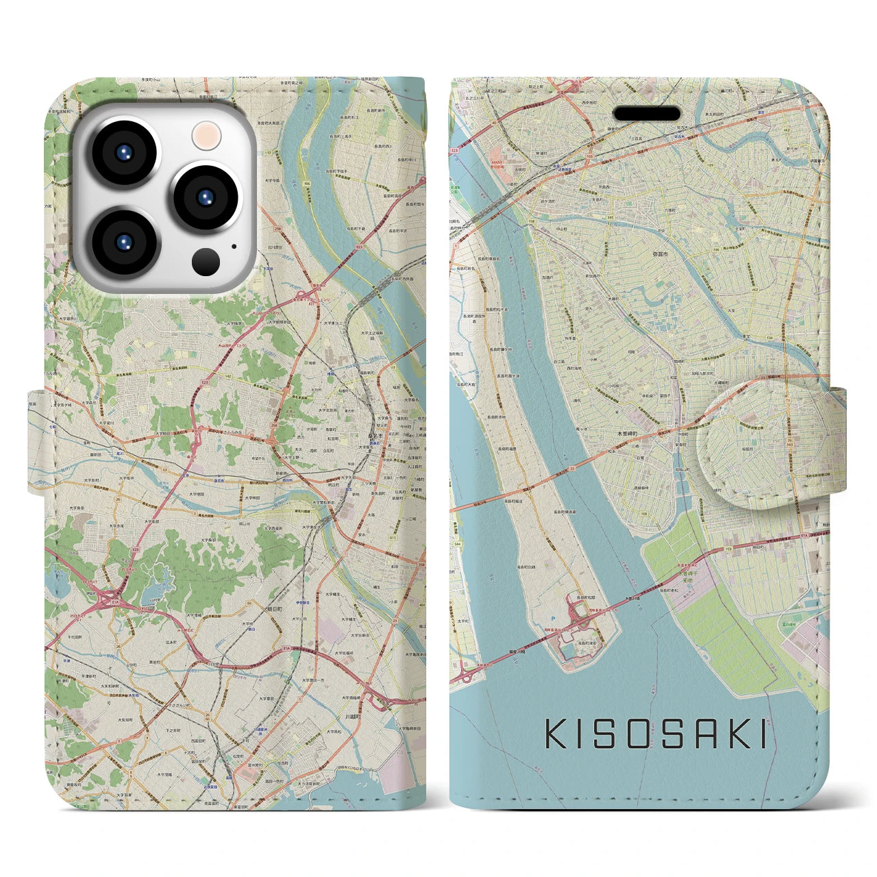 【木曽岬】地図柄iPhoneケース（手帳両面タイプ・ナチュラル）iPhone 13 Pro 用